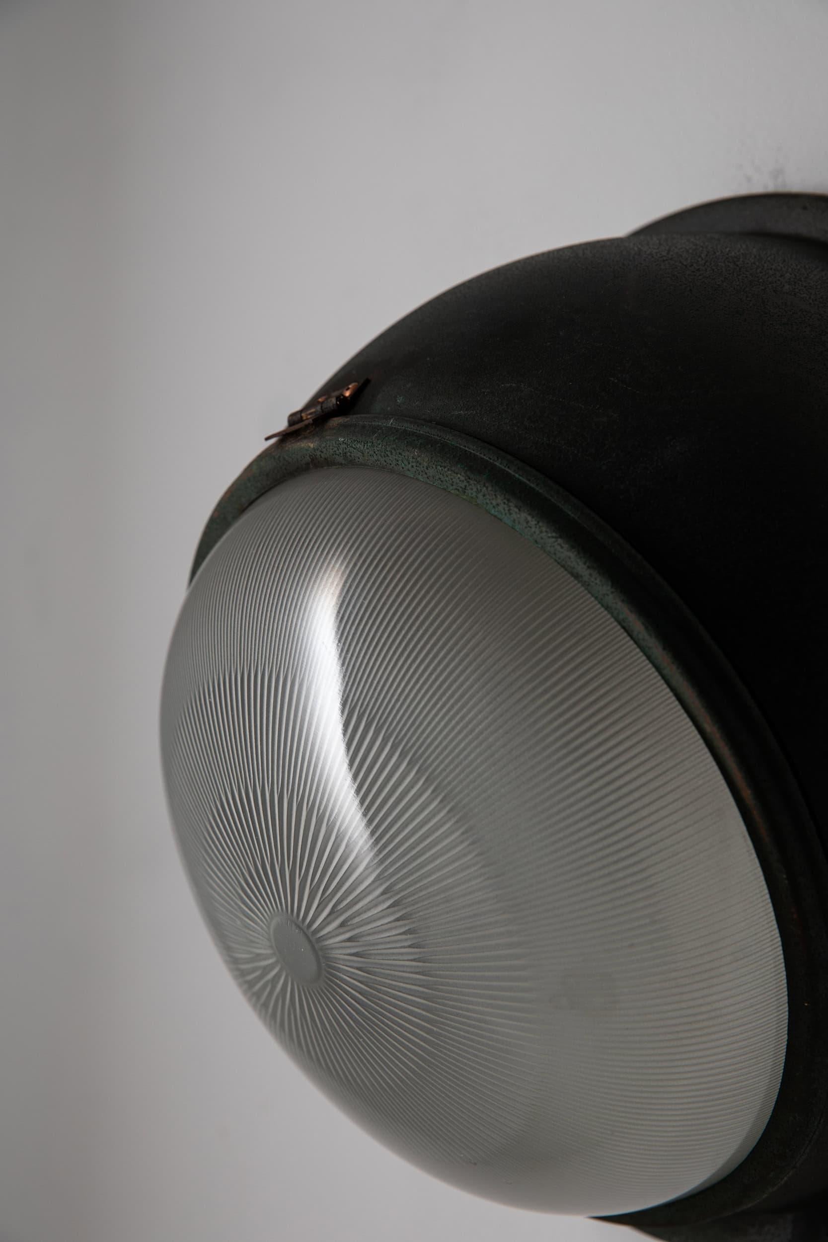 Antique Verdigris Copper Holophane Flush Mounted French Metro Bulkhead Light (Kupfer) im Angebot