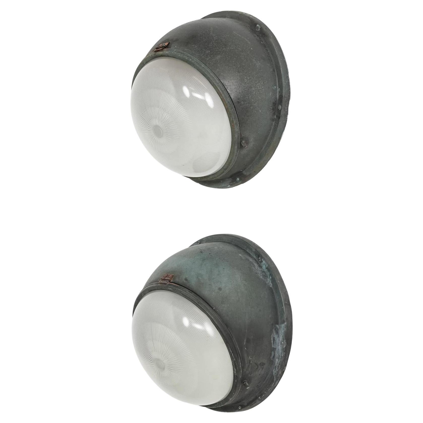 Antique Verdigris Copper Holophane Flush Mounted French Metro Bulkhead Light