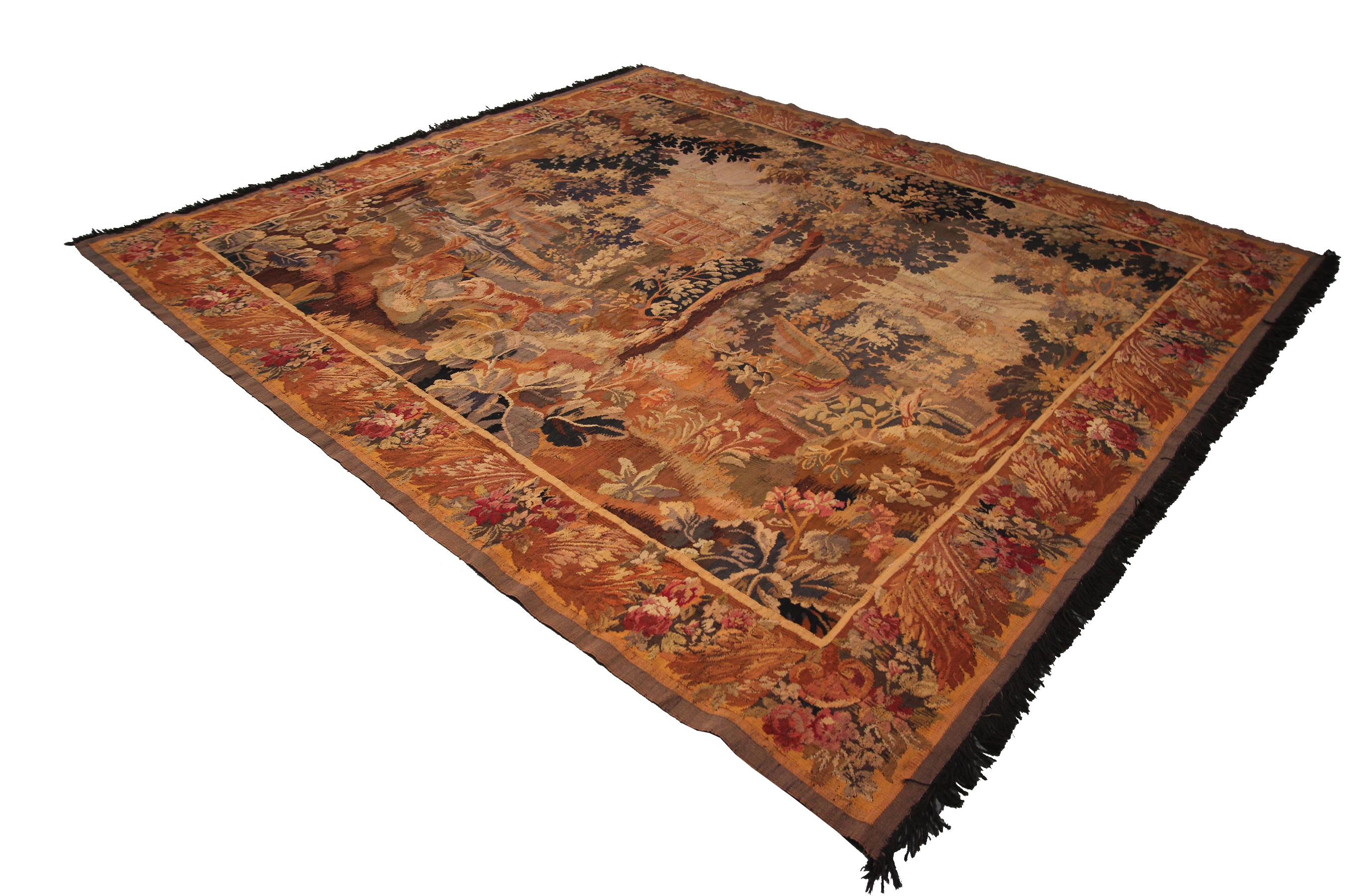 Hand-Woven Antique Verdure Tapestry Large Handmade French Tapestry Square