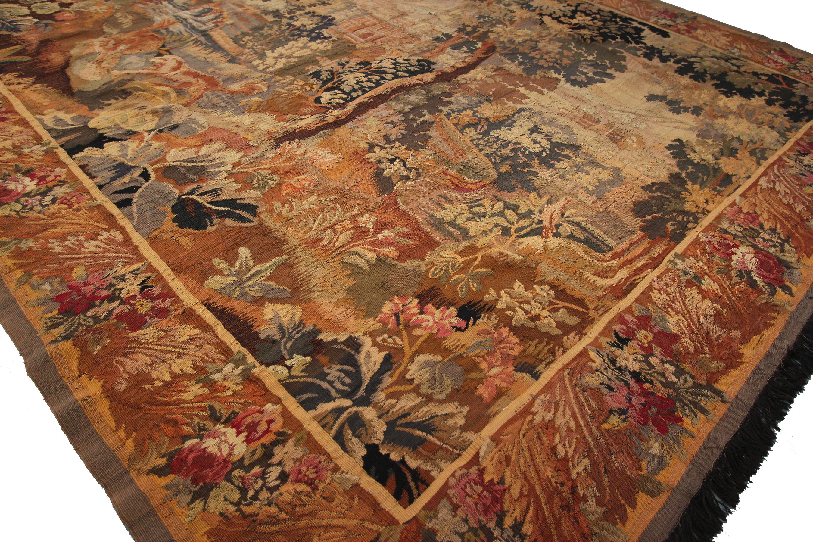 Antique Verdure Tapestry Large Handmade French Tapestry Square In Good Condition In New York, NY