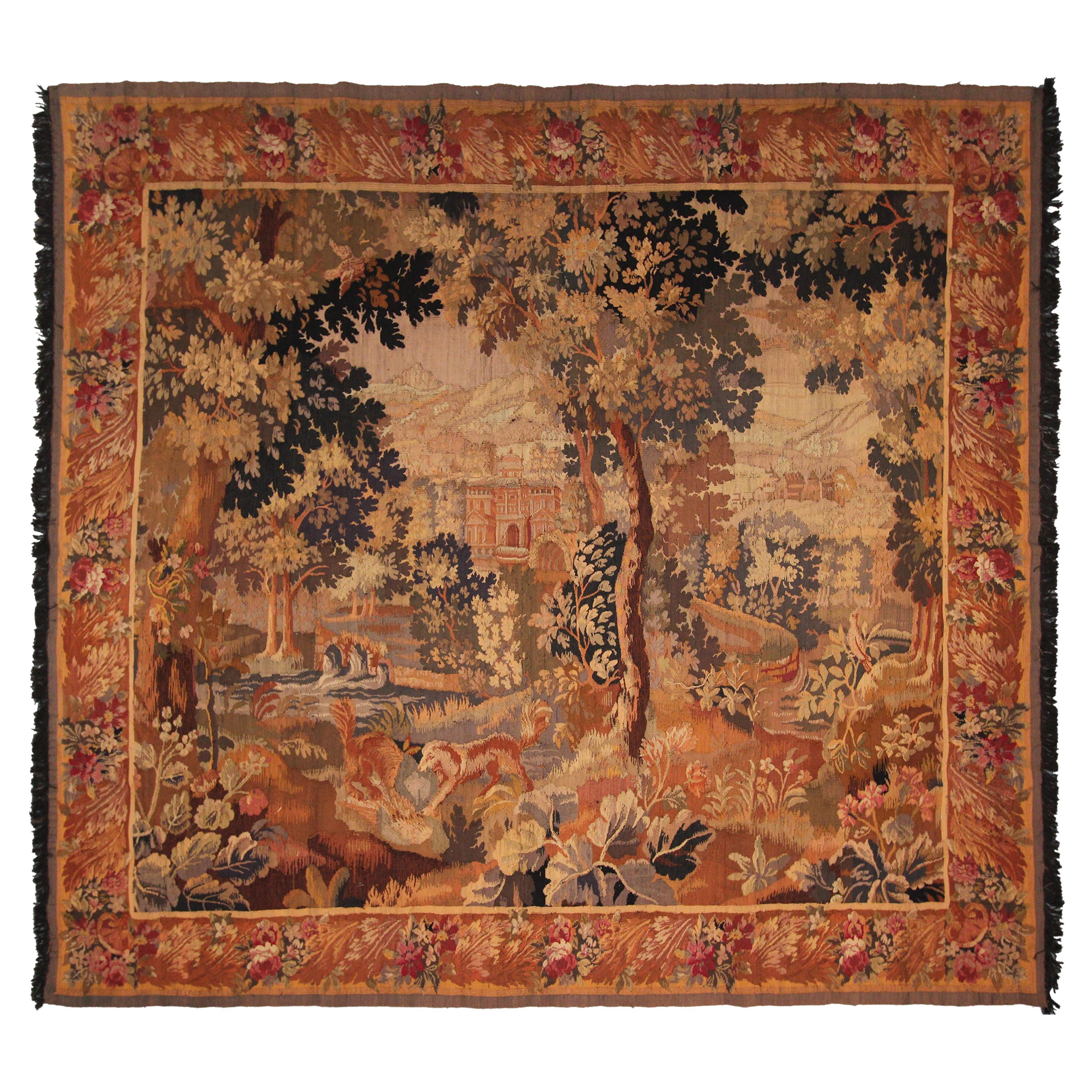 Antique Verdure Tapestry Large Handmade French Tapestry Square
