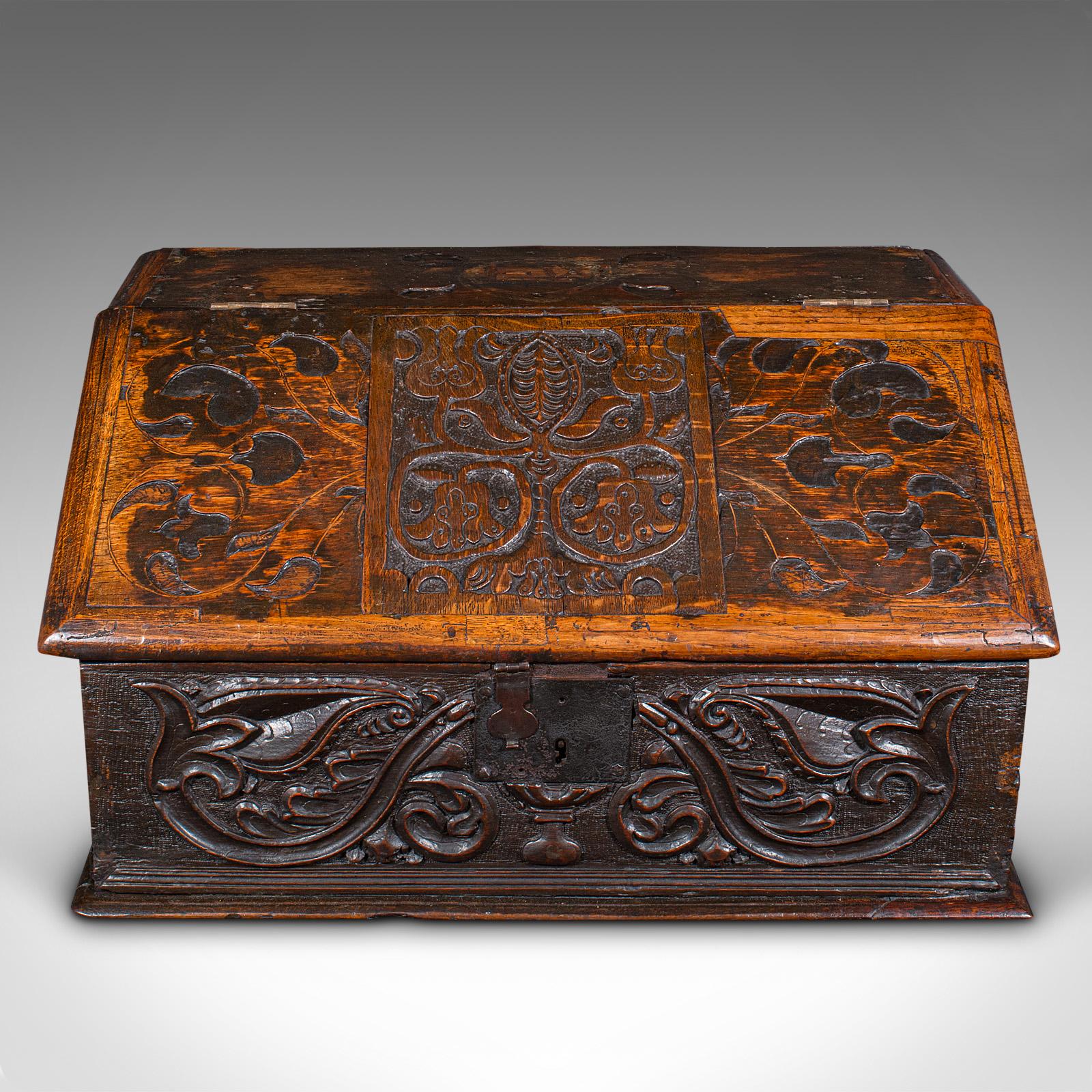William and Mary Antique Verger's Bible Box, English, Oak, Carved, Ecclesiastical, William III For Sale