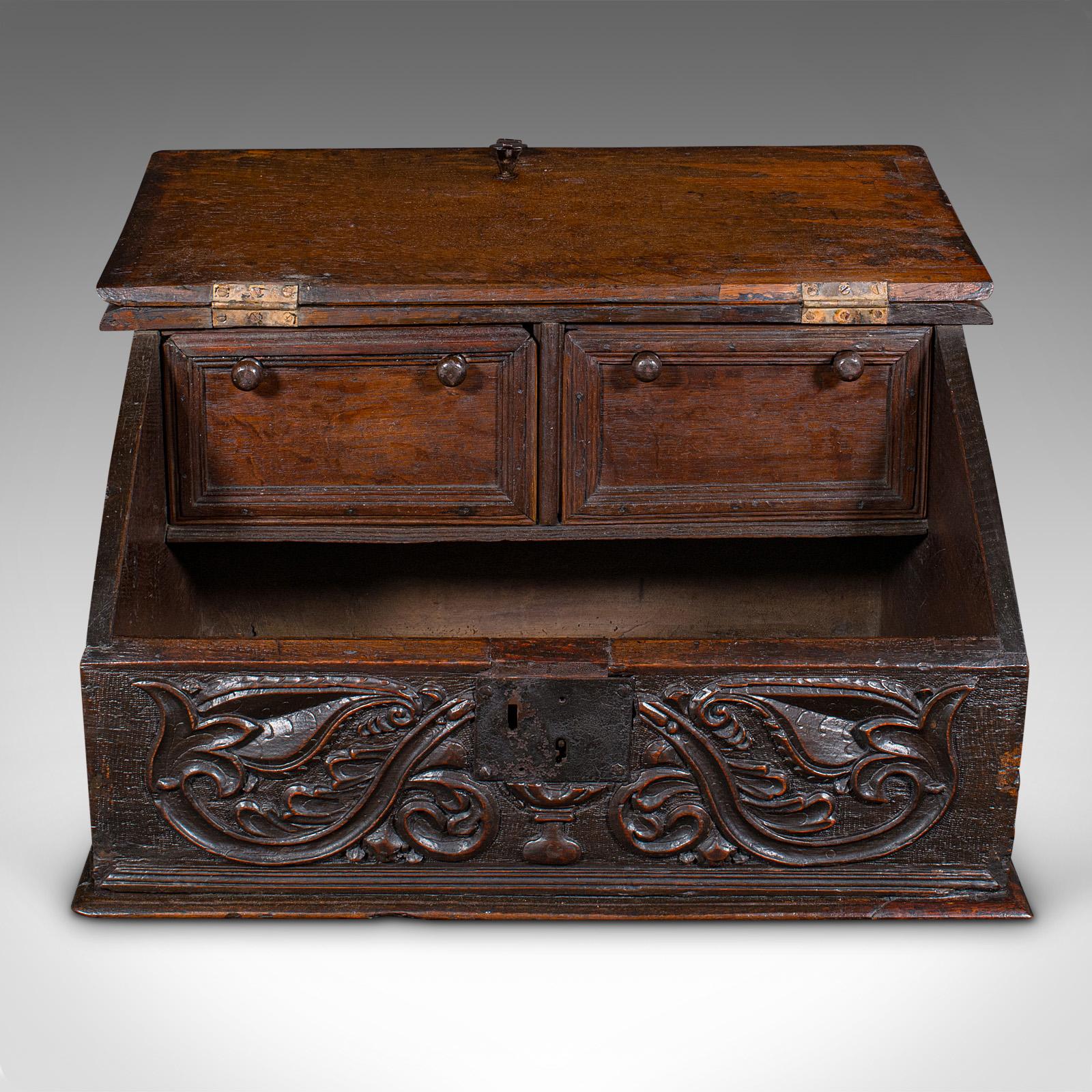 British Antique Verger's Bible Box, English, Oak, Carved, Ecclesiastical, William III For Sale