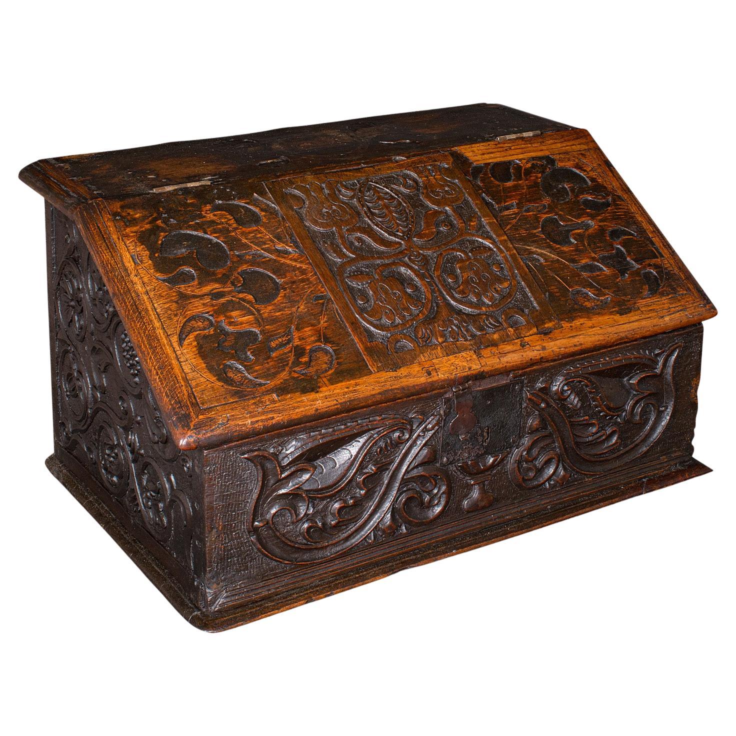 Antique Verger's Bible Box, English, Oak, Carved, Ecclesiastical, William III For Sale