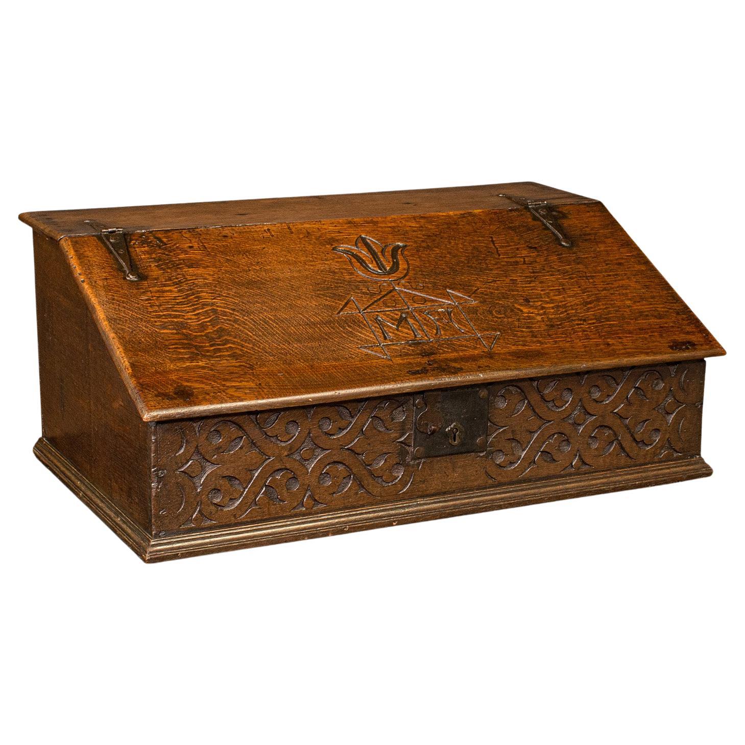 Antique Verger's Desk Box, English, Oak, Ecclesiastic, Bible Case, William III For Sale