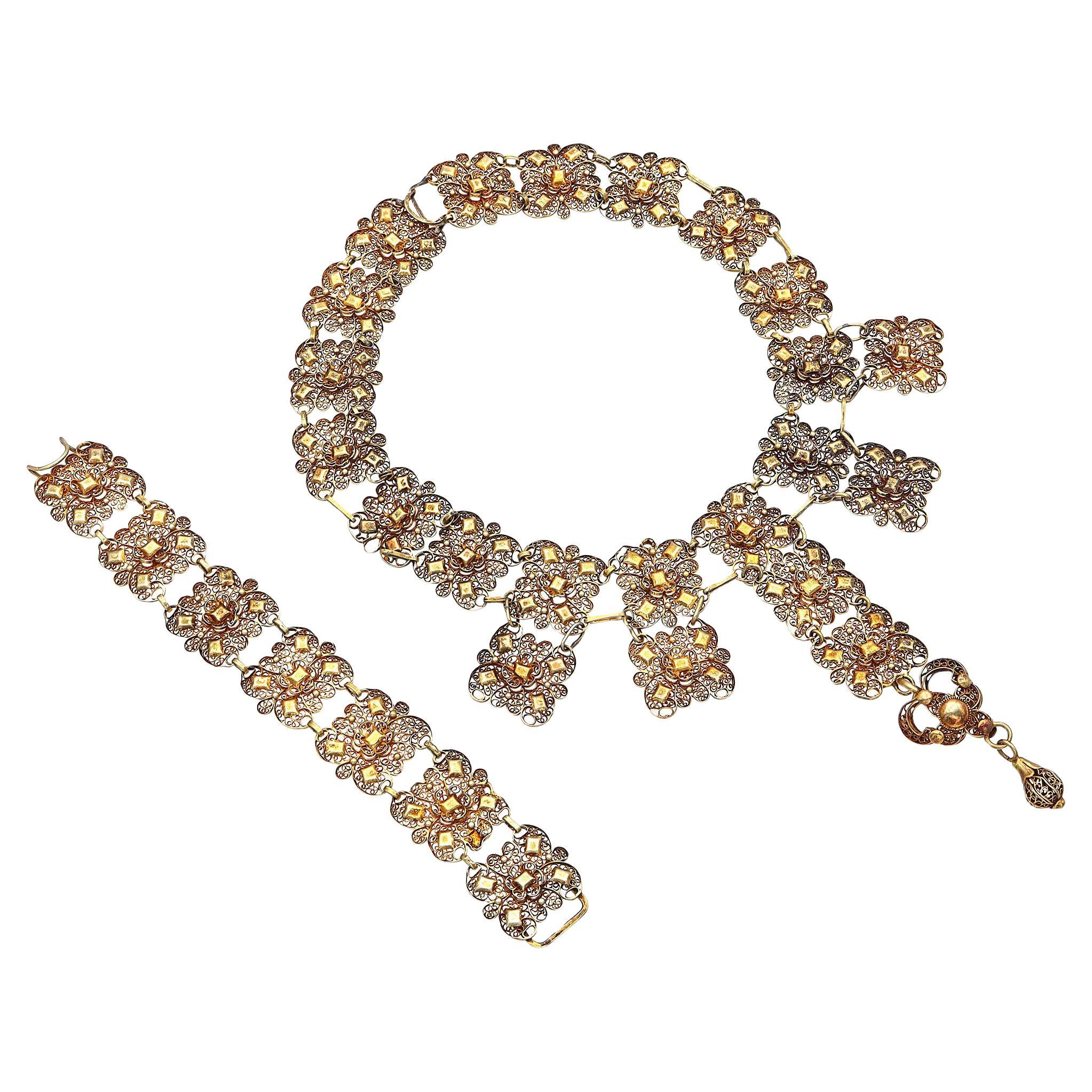 Antique Vermeil Filigree Necklace and Bracelet Set