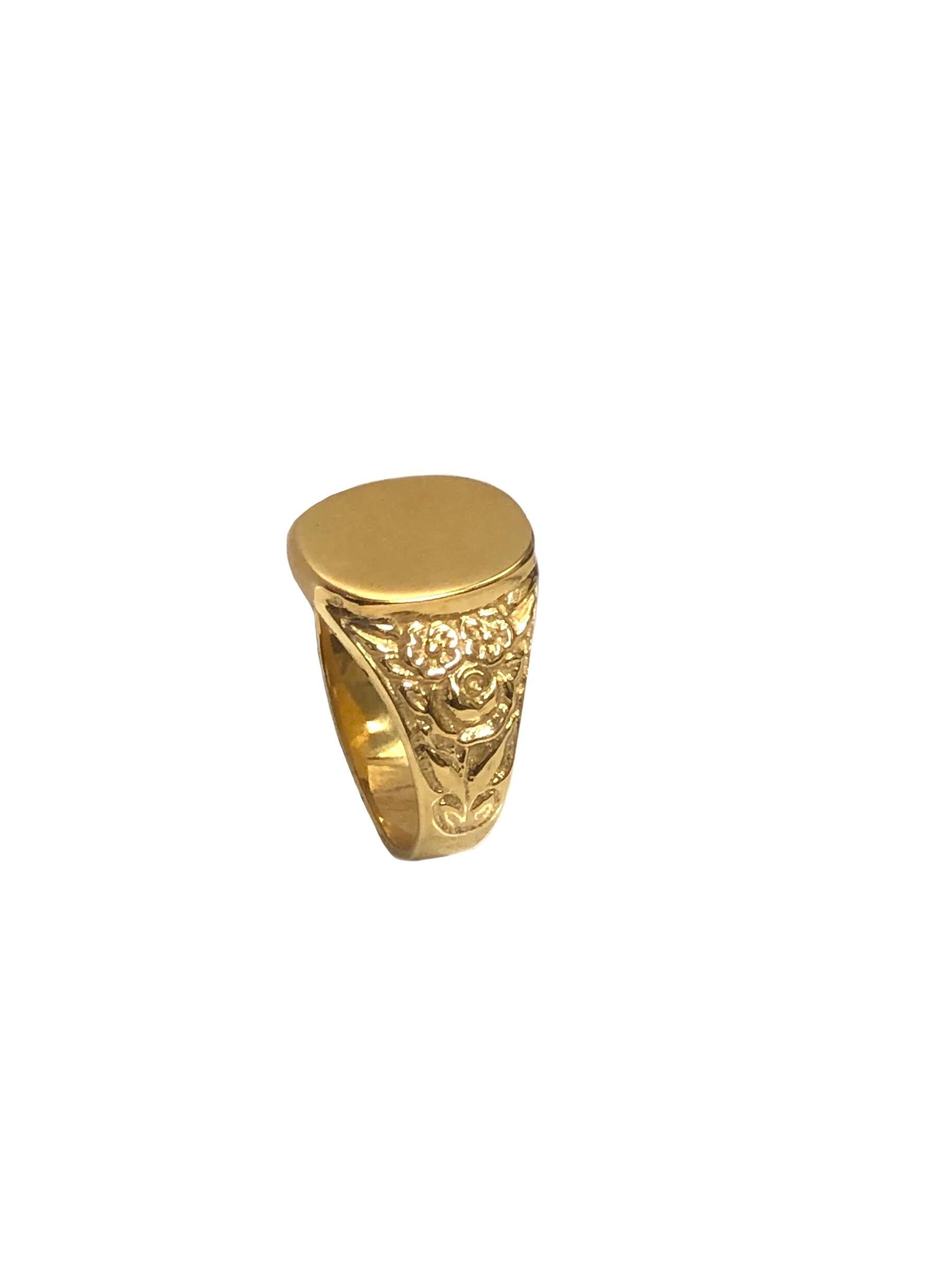 Circa 1910 Gents Vermeil, Gold Plate on Silver Signet Ring, Having Heavy Chased floral sides the top un engraved section measures 5/8 X 1/2 inch with a finger size of 10 1/2, the inside of the ring has a Silver stamp 835 possibly German or Austrian.