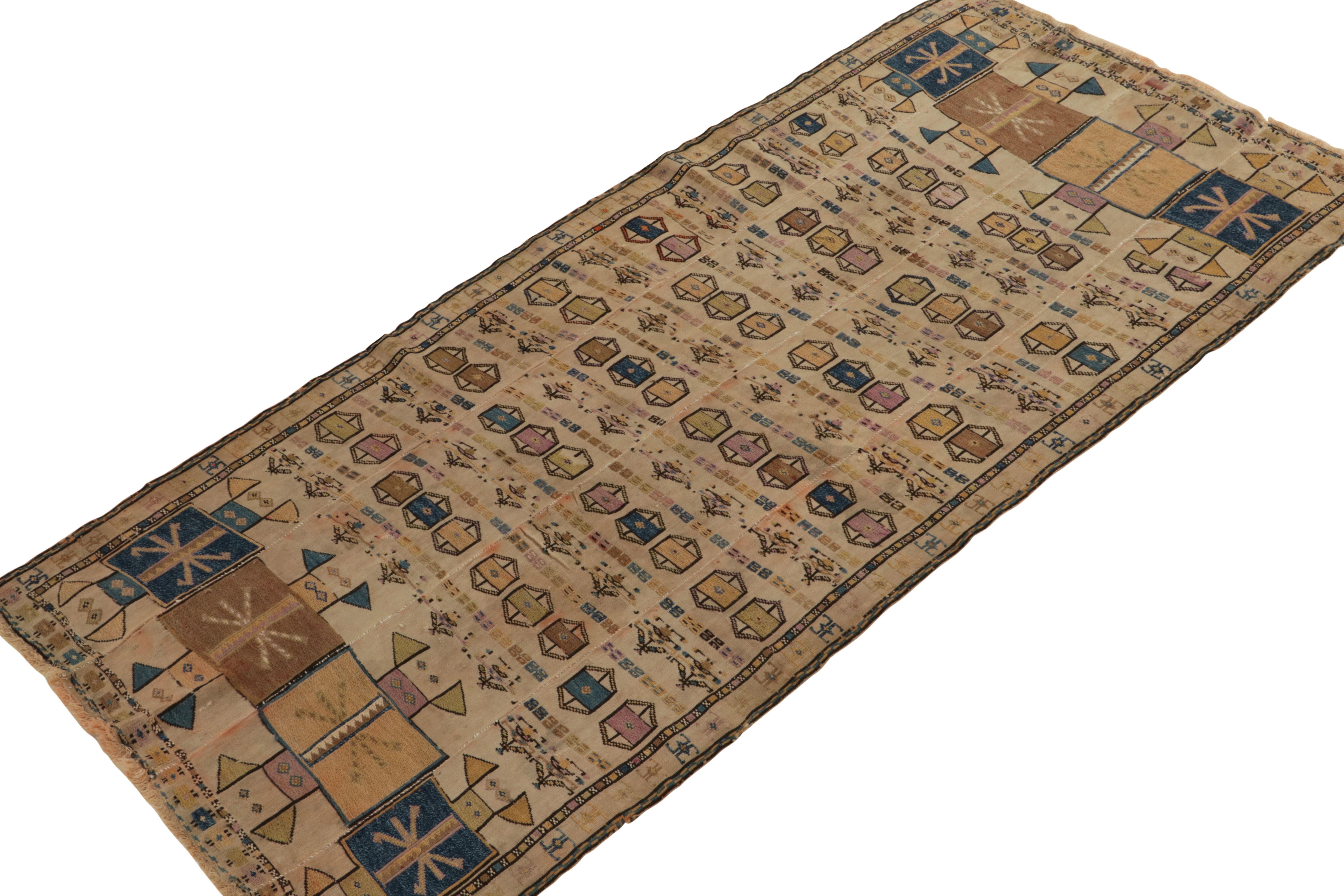 Handwoven in wool from Persia originating between 1920-1930, a 4x7 antique Verneh kilim enjoying an individualistic personality & impeccable artistic interpretations of the style. 

The masterpiece exemplifies a distinctive flat weaving technique