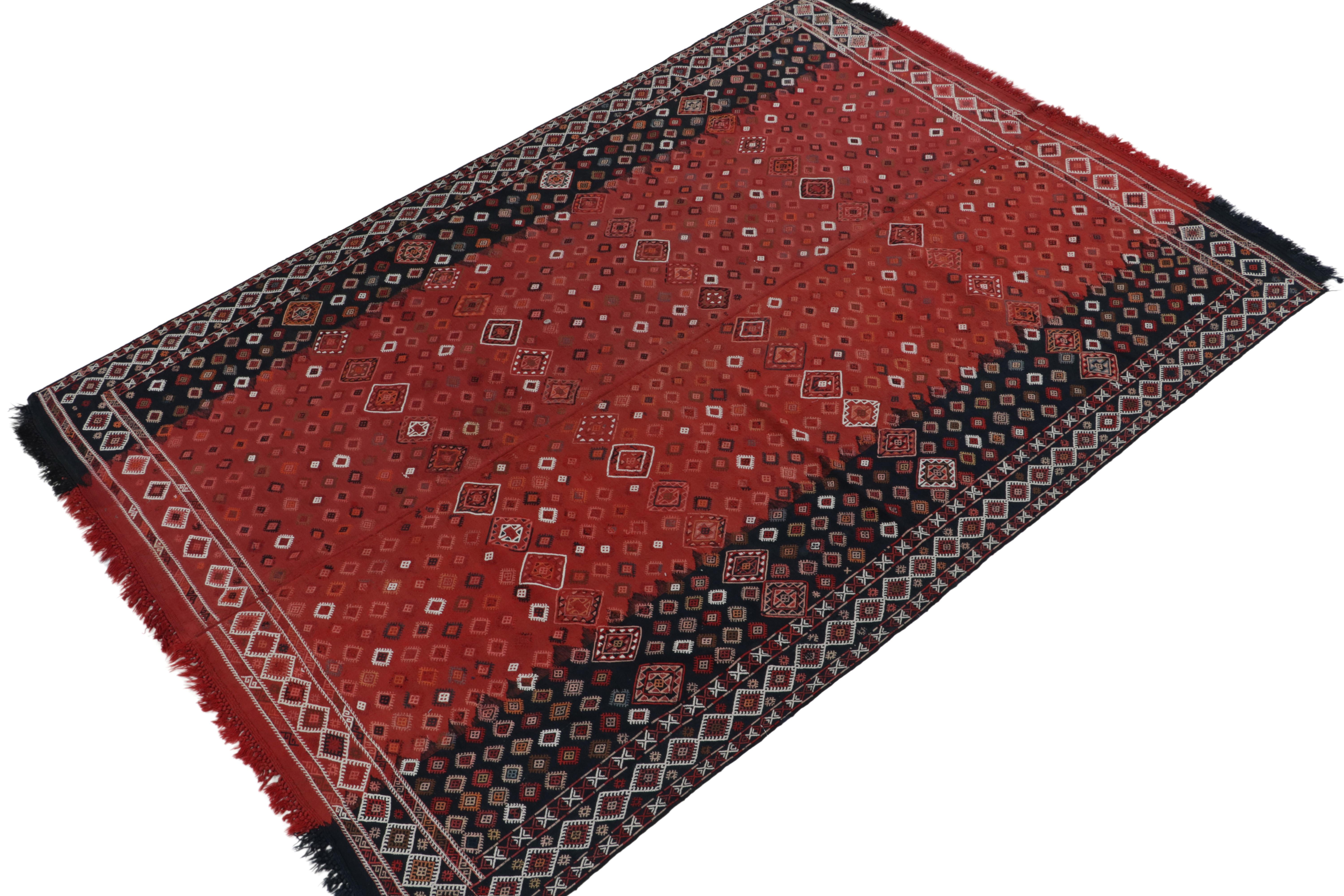 Handwoven in wool from Russia originating between 1890-1900, a 7x10 antique Verneh kilim enjoying an individualistic personality & impeccable artistic interpretations. The masterpiece exemplifies tribal Caucasian aesthetics with utmost rarity for