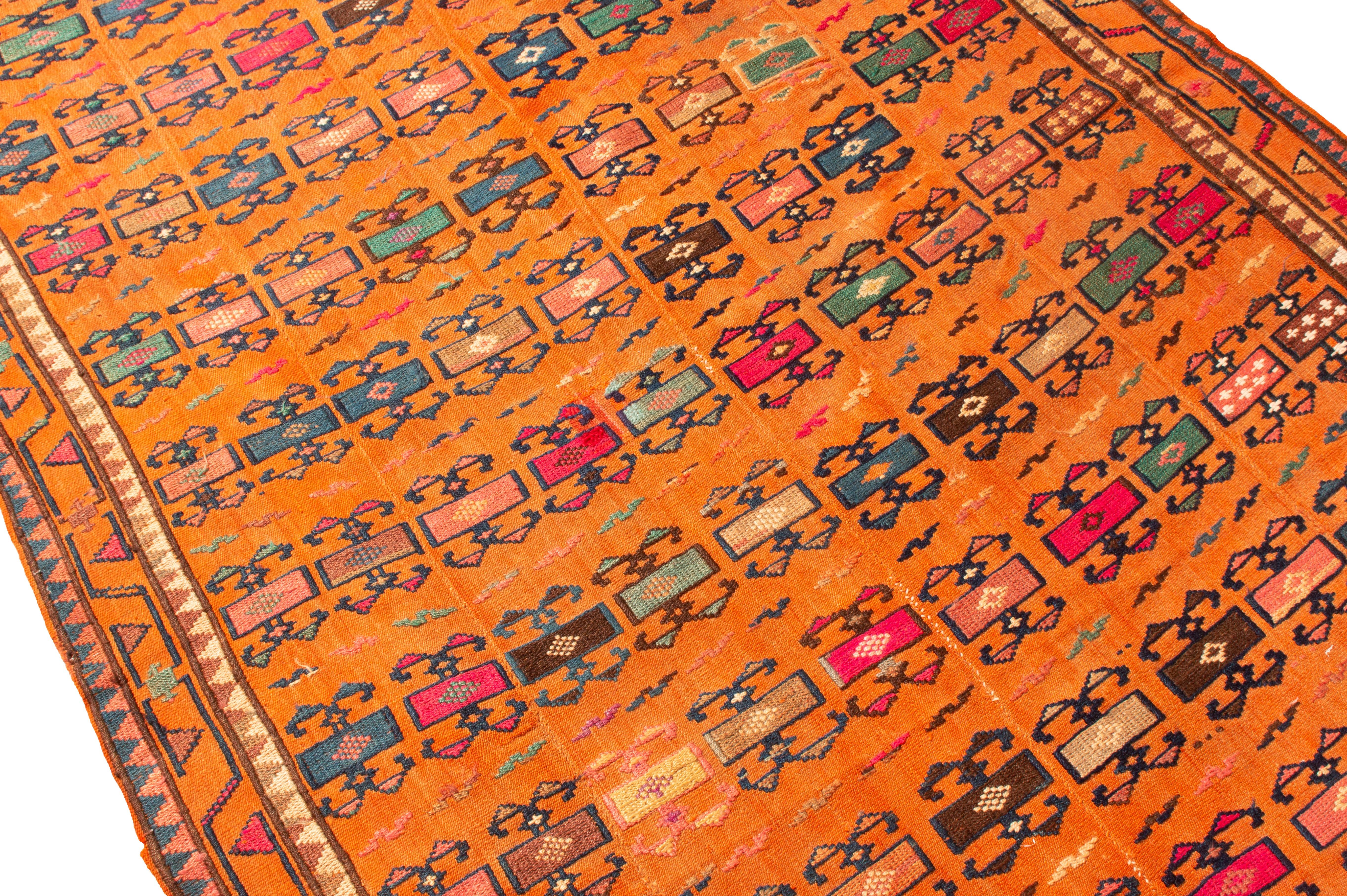 Hand-Knotted Antique Verneh Orange Persian Wool Kilim Rug