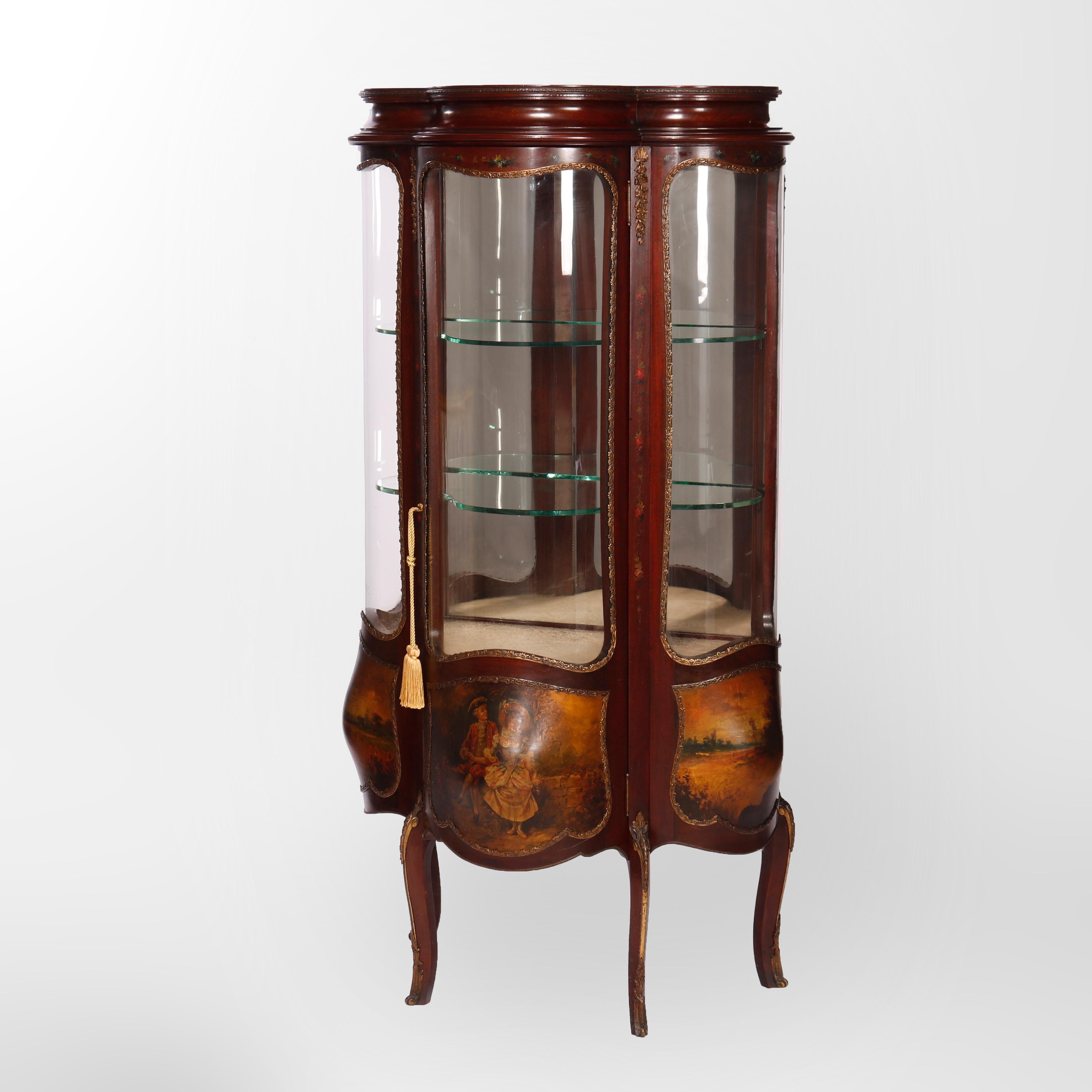 An antique French display vitrine offers mahogany construction with single curved glass door opening to shelved interior over base having Vernis Martin painted courting and landscape scenes, raised on cabriole legs, floral decoration and cast