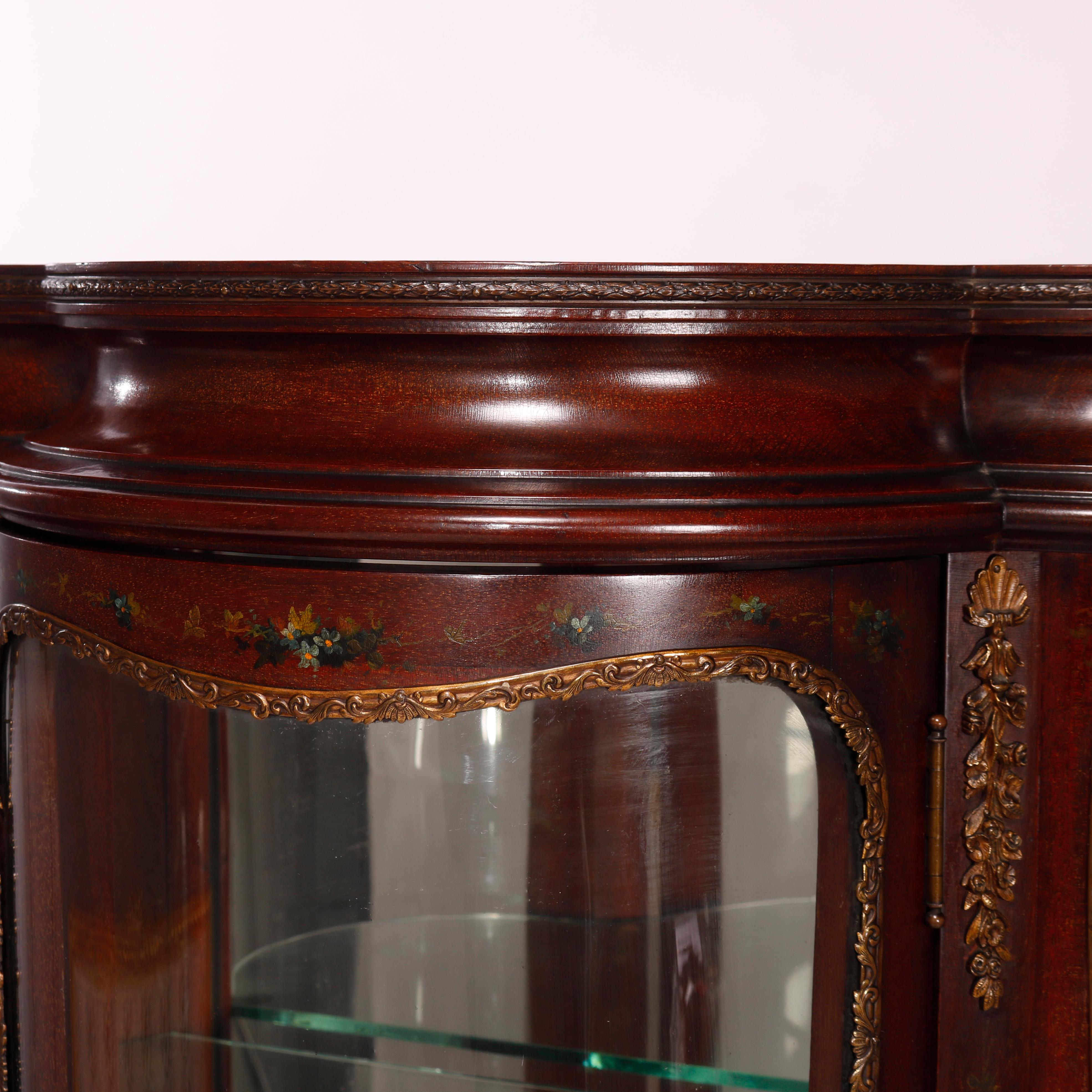 19th Century Antique Verni Martin Decorated Mahogany & Ormolu Curved Glass Vitrine, 19th C For Sale