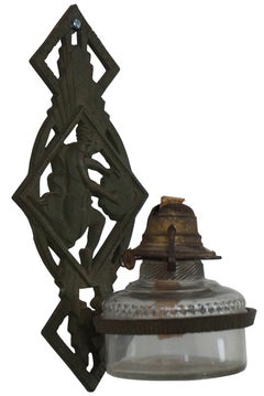 Antique Verona Cast Iron Art Deco Figural Oil Lamp Sconce Bracket
