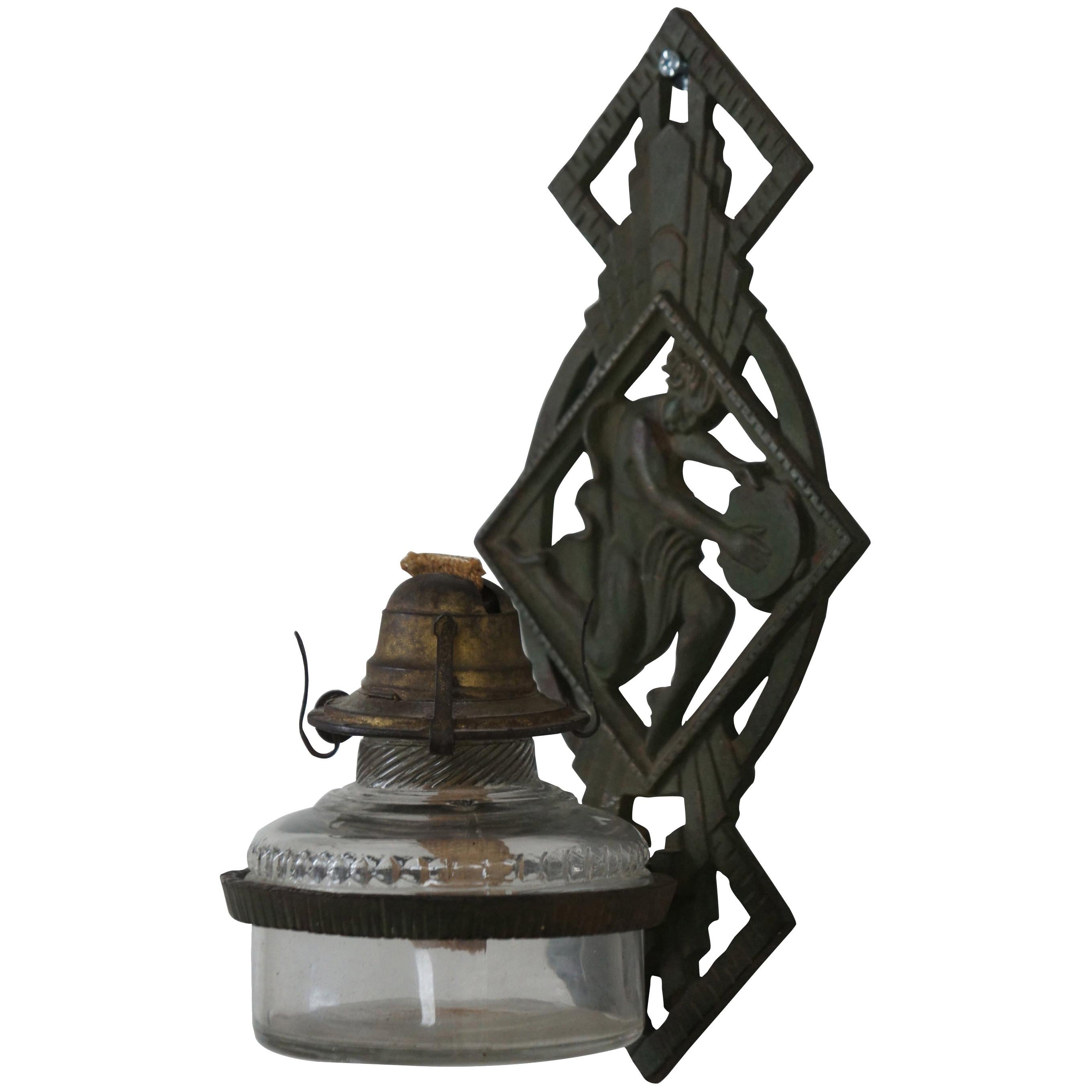 Antique Verona Cast Iron Art Deco Figural Oil Lamp Sconce Bracket