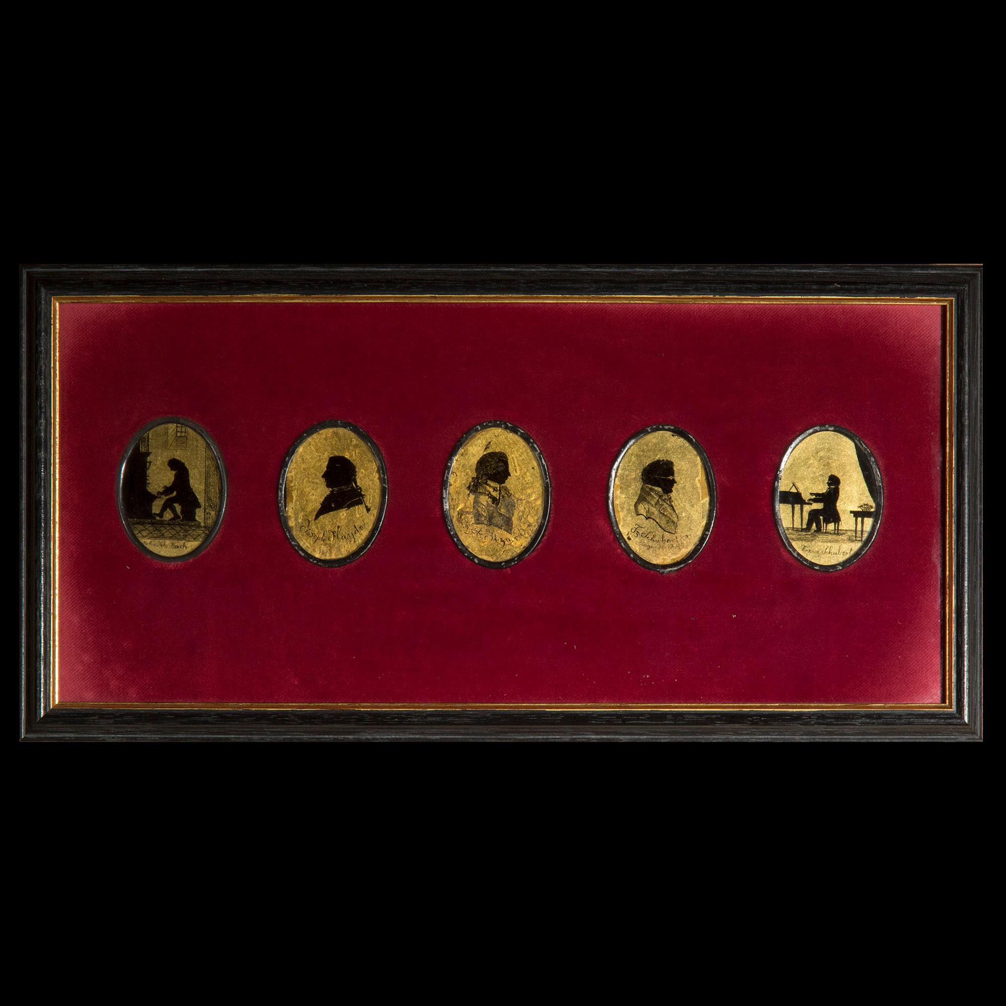 A charming 19th century framed set of five gold leaf silhouettes of classical composers, to include Bach, Haydn, Mozart and Schubert.

Why we like them
A superbly decorative set of exquisite medallions, a very chic addition to a Classic, eclectic