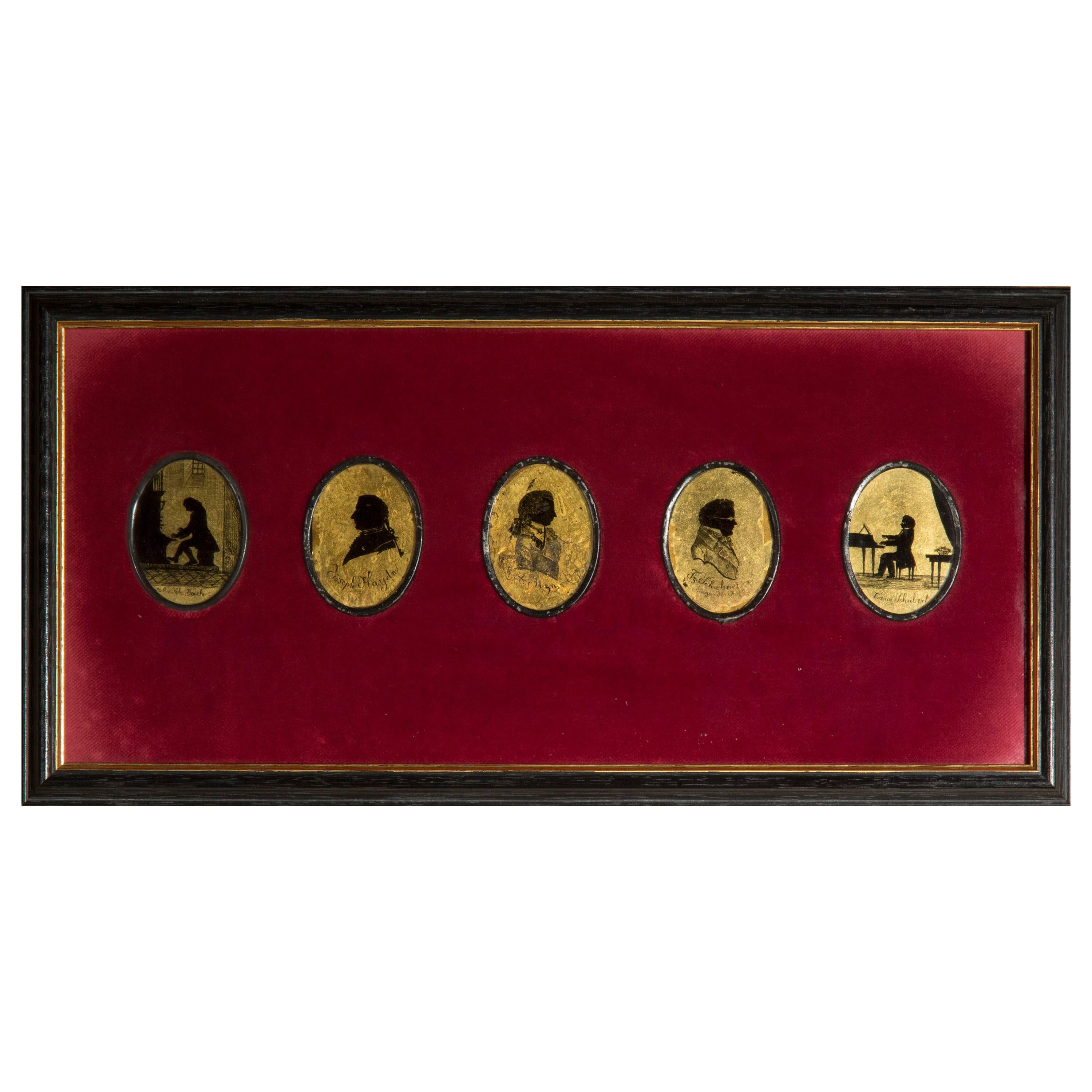 Antique Verre Églomisé Silhouettes of Classical Composers, 19th Century
