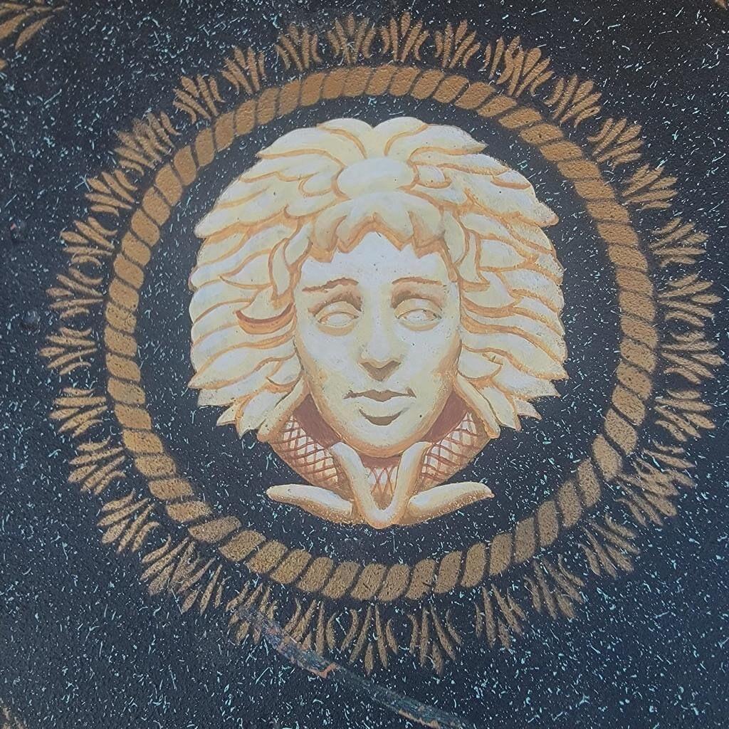 Unknown Antique Versace Style Hand Painted Gold and Blue Medusa Head Pedestal/Table