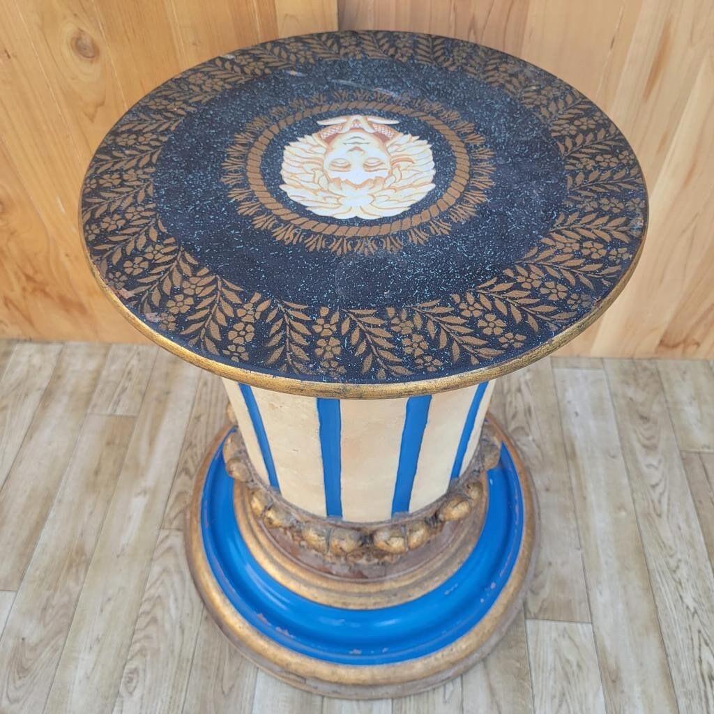 Antique Versace Style Hand Painted Gold and Blue Medusa Head Pedestal/Table In Good Condition In Chicago, IL