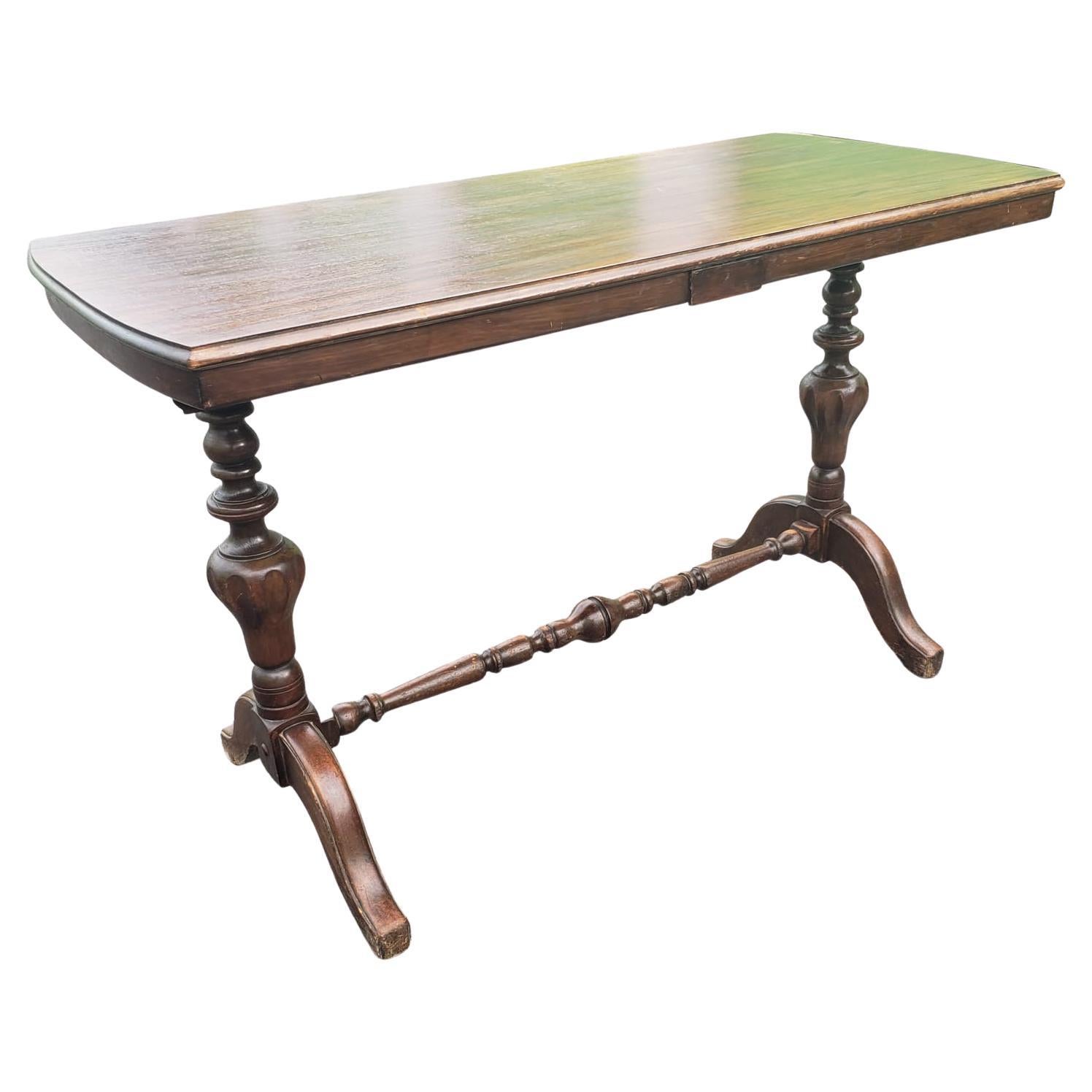 Antique Versatile walnut fold-leaf console library table dining table. 
Leaves fold underneath to make good console table. One leaf folds to make a great library table. Both leaves open to make a dining table, kitchen table for smaller spaces. The