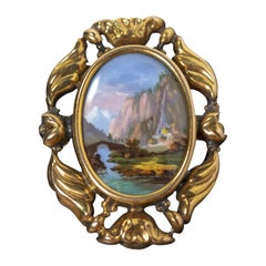 Antique Very Fine 19th Centure Swiss Alpes in 18 Karat Gold Enameled Framed Pin