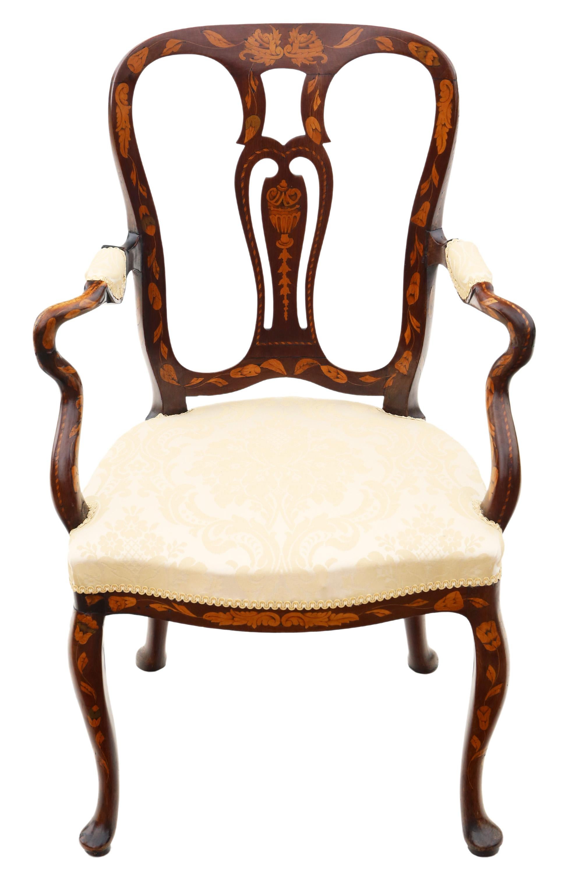 Antique 18th Century Dutch Marquetry Elbow Arm Desk Chair – a fine quality piece that can also serve as a side, hall, or carver chair. This exceptional chair features intricate marquetry and exquisite carving.

Key Features:

Solid and sturdy