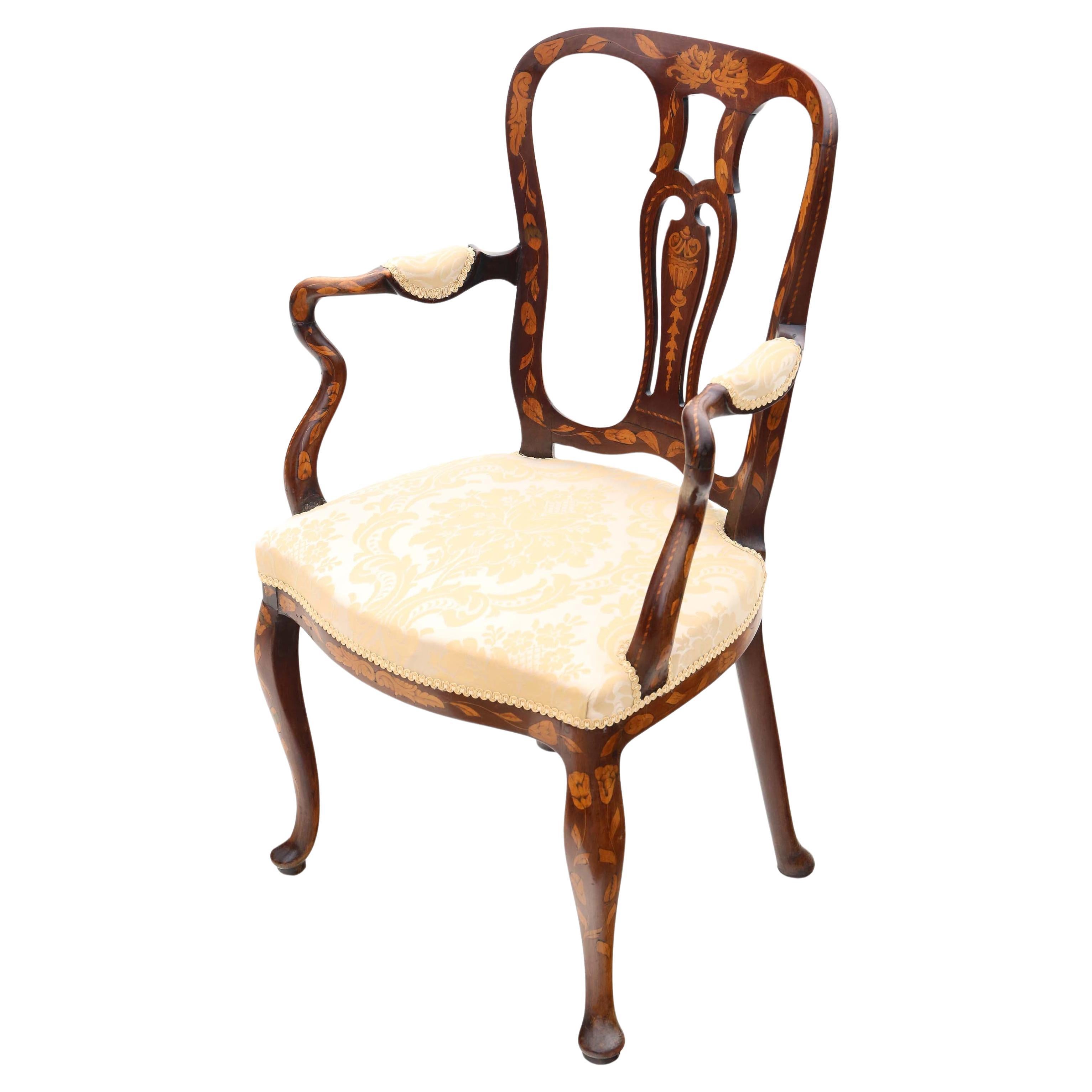 Antique very fine quality 18th Century Dutch marquetry elbow chair armchair For Sale