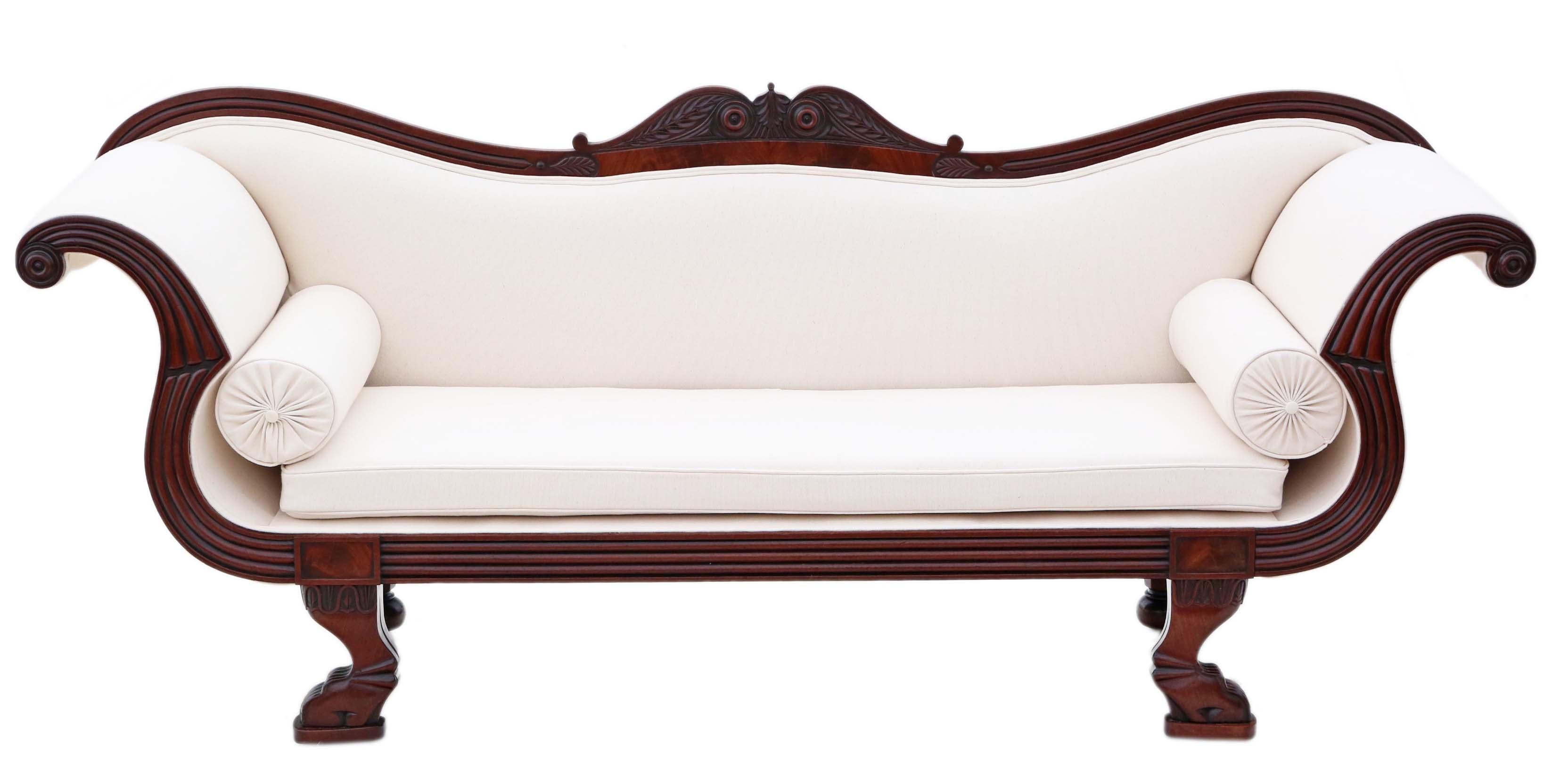 Antique very fine quality 19th Century mahogany scroll arm sofa. An exceptionally beautiful statement piece of the finest quality.

Solid and strong, with no loose joints. Full of age, character and charm. This piece has new professional