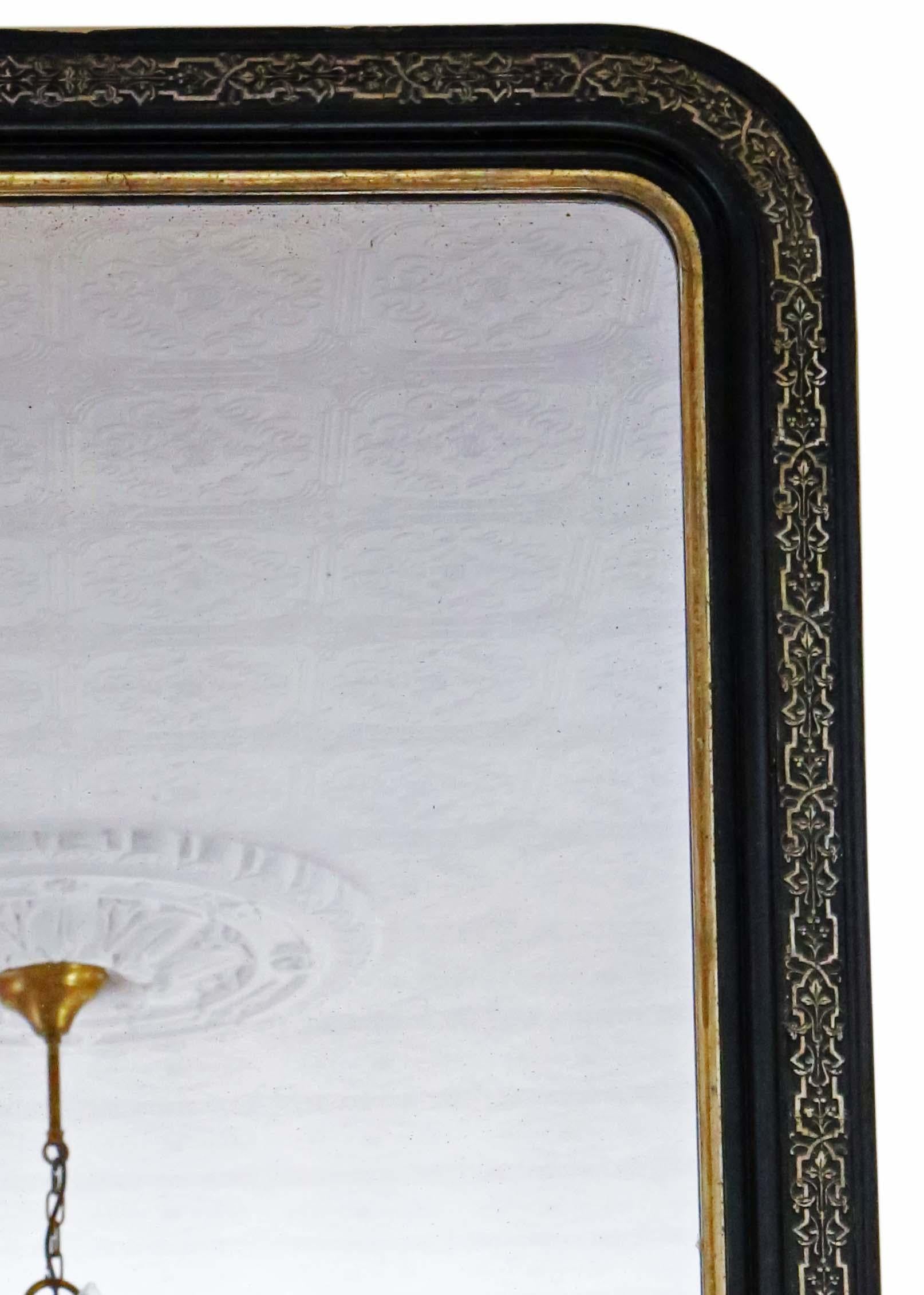 Glass  Antique very large 19th Century quality ebonised gilt overmantle wall mirror For Sale