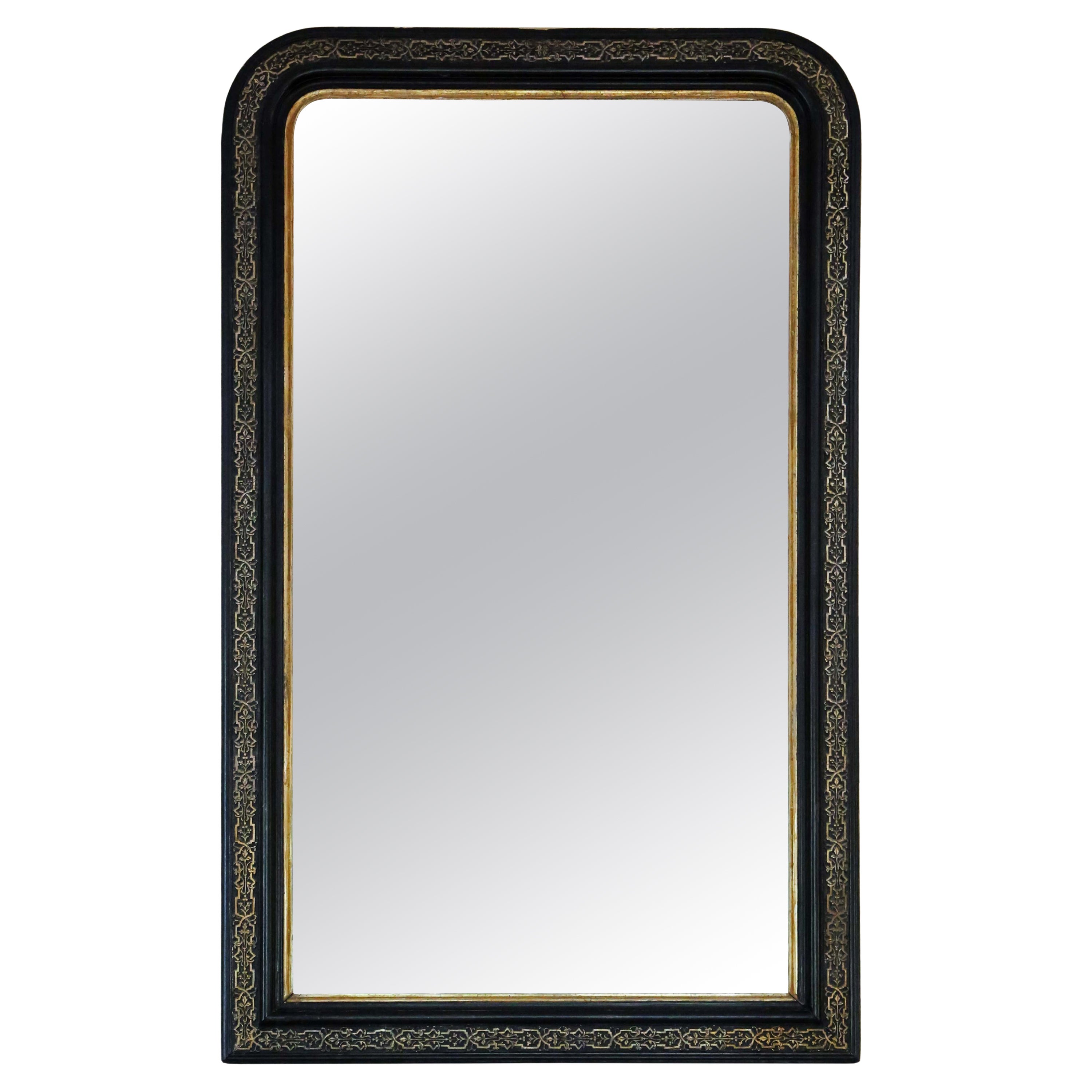 Espejo de pared antiguo muy grande dorado ebonizado de calidad del siglo XIX