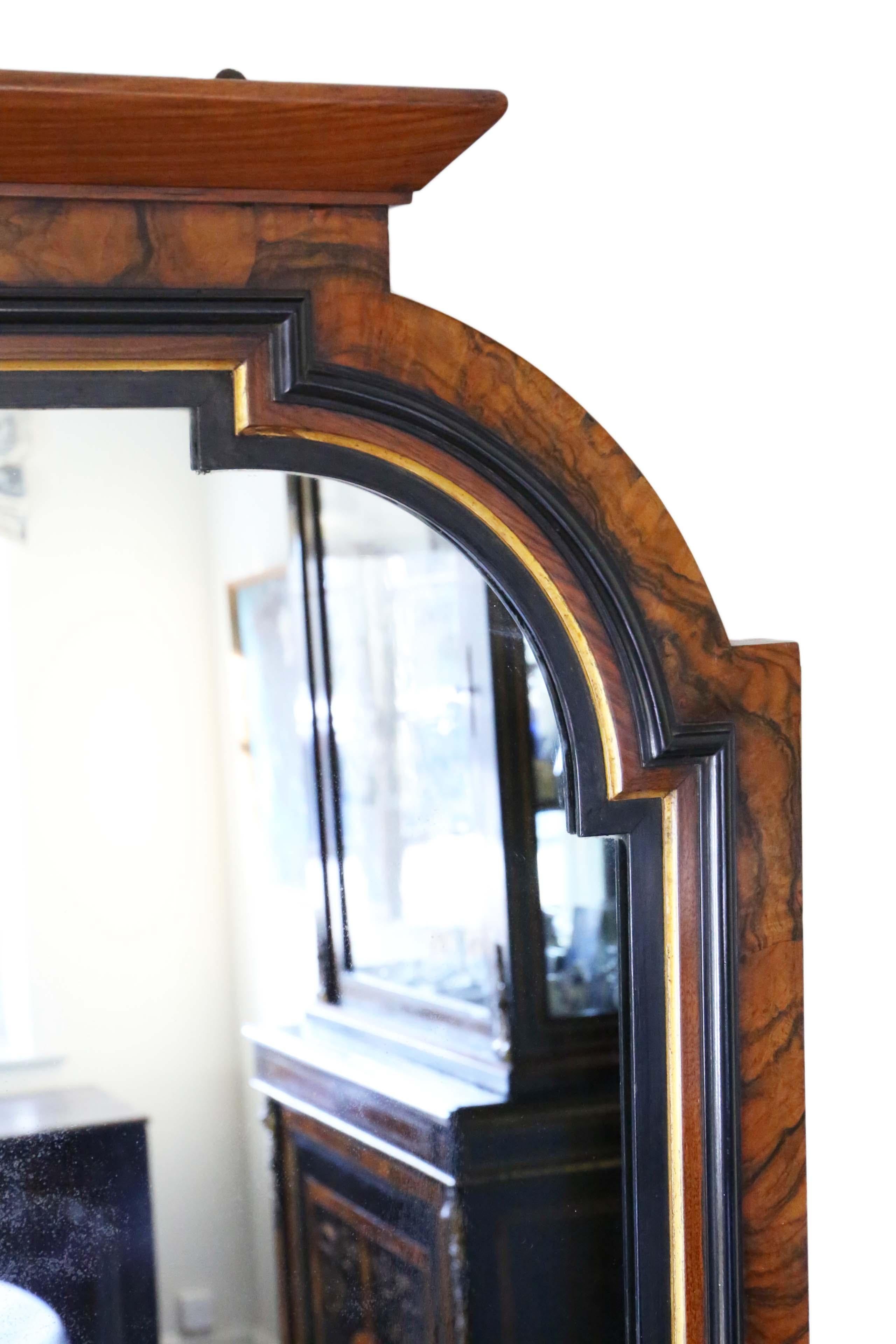 Antique Very Large Burr Walnut Ebonised Wall Overmantle Mirror In Good Condition For Sale In Wisbech, Cambridgeshire