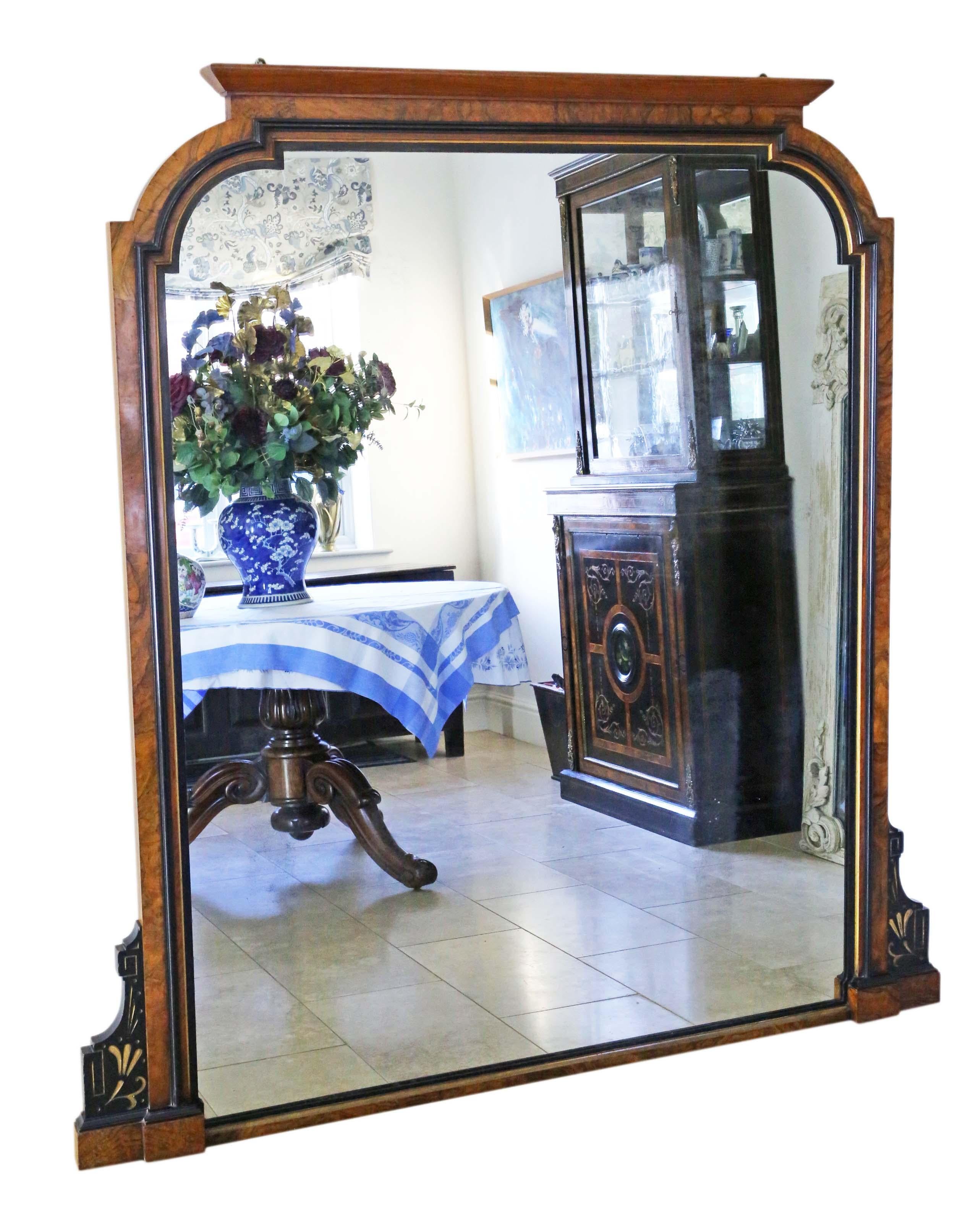 Antique Very Large Burr Walnut Ebonised Wall Overmantle Mirror For Sale 3