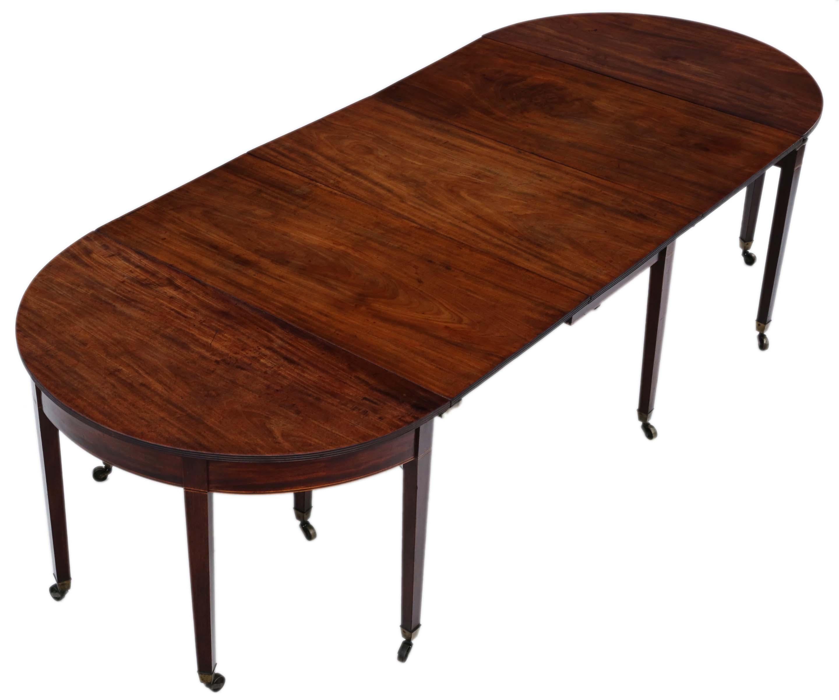 Antique very large fine quality ~9' Cuban mahogany extending dining table George III. Attractive line inlays.

A lovely fine quality table dating from circa 1800. The table has a beautifully patinated top with over 2 centuries of use and stands on