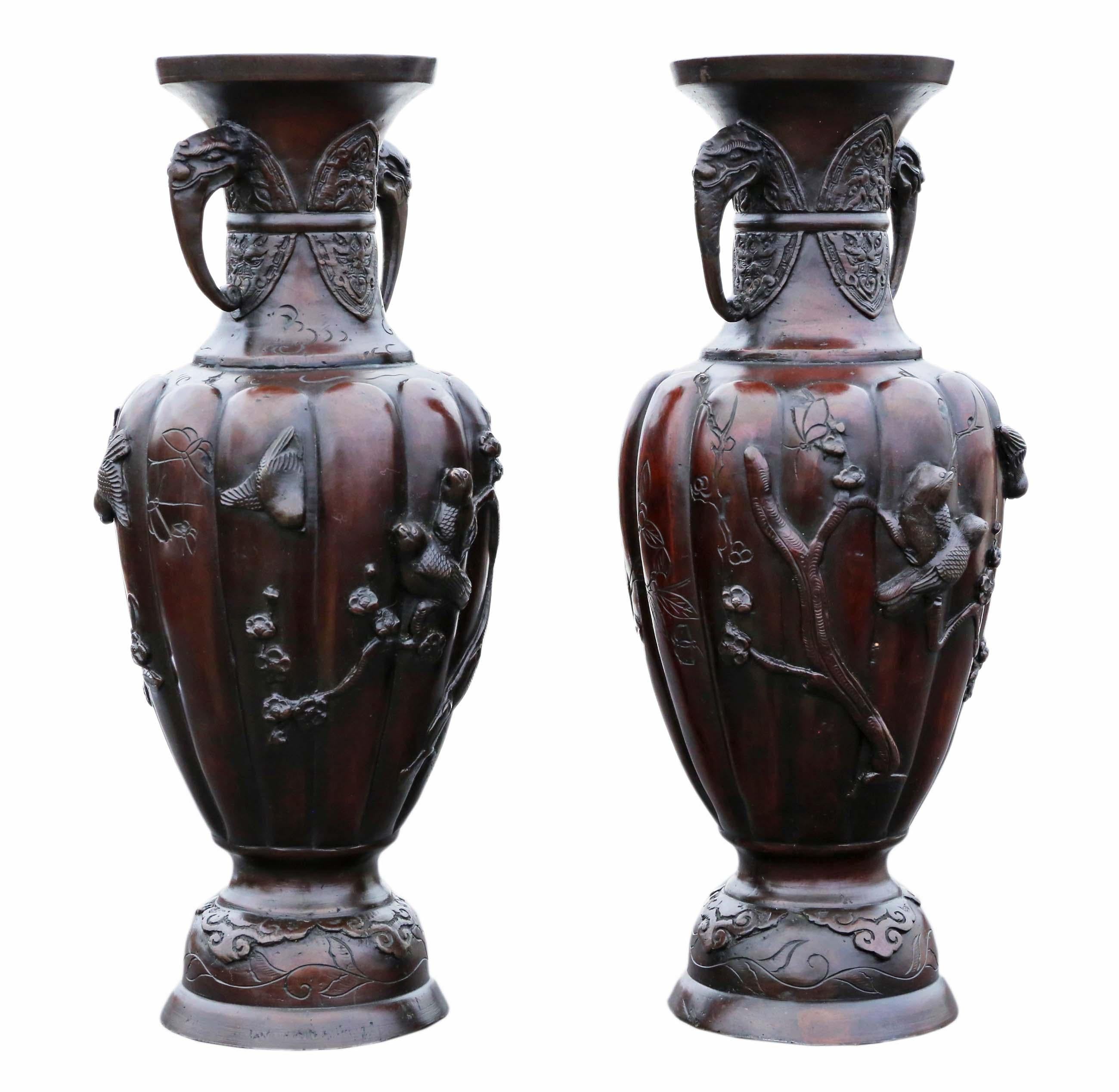 Antique very large pair of fine quality Japanese bronze vases C1900 Meiji Period. 

Would look amazing in the right location. Rare large size and design.

Overall maximum dimensions: 35cmH x 14cm diameter. Weigh 2.3Kg each.

In very good