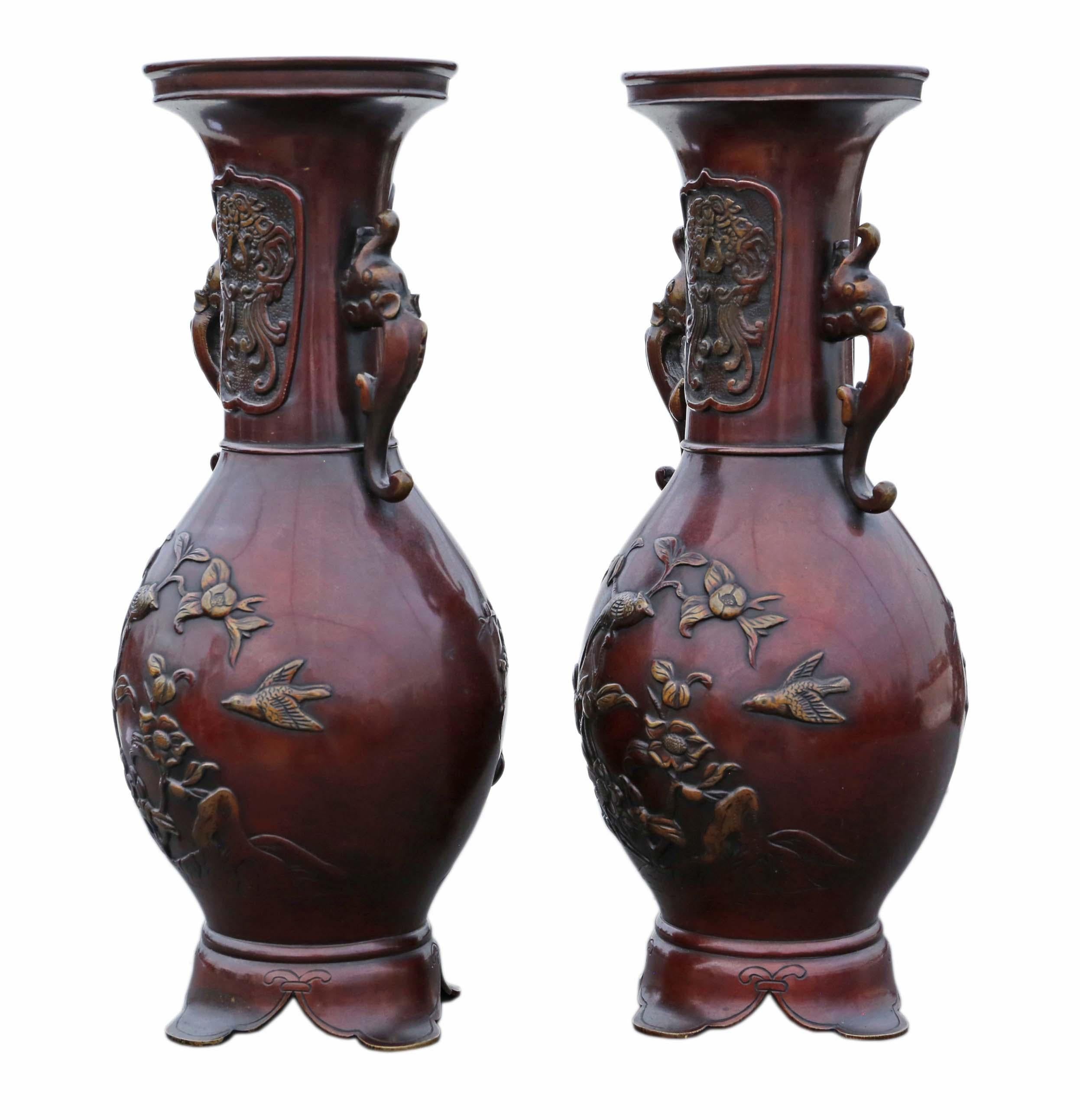 Antique very large pair of fine quality Japanese bronze vases C1910 Meiji Period. 

Would look amazing in the right location. Rare large size and design.

Overall maximum dimensions: 35cmH x 14cm diameter. Weigh 2.2Kg each.

In very good