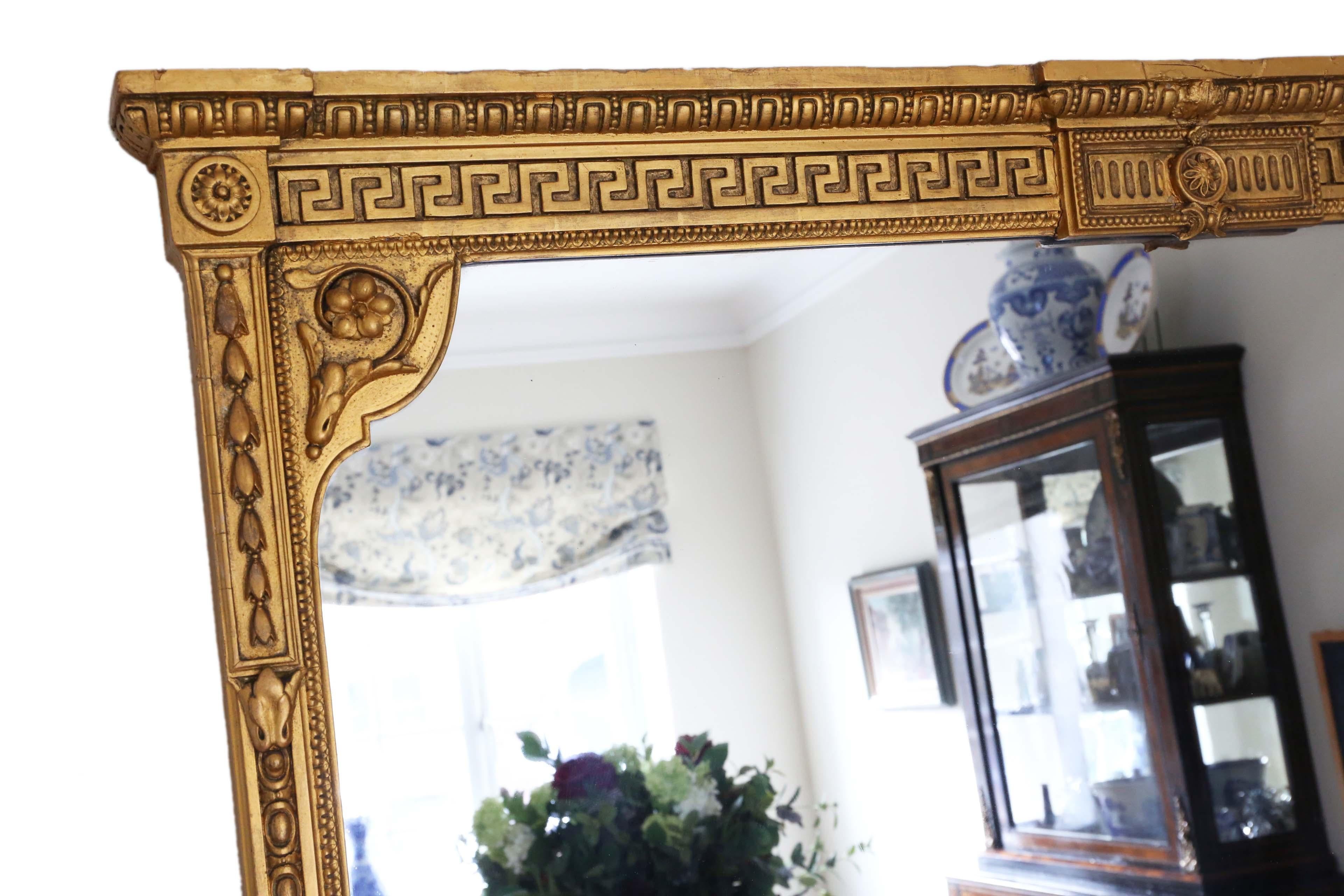 Antique very large quality 19th Century gilt overmantle wall mirror. A large statement piece, with a great look, so impressive.

A charming mirror, that is full of age and character. The mirror has been historically sympathetically restored and