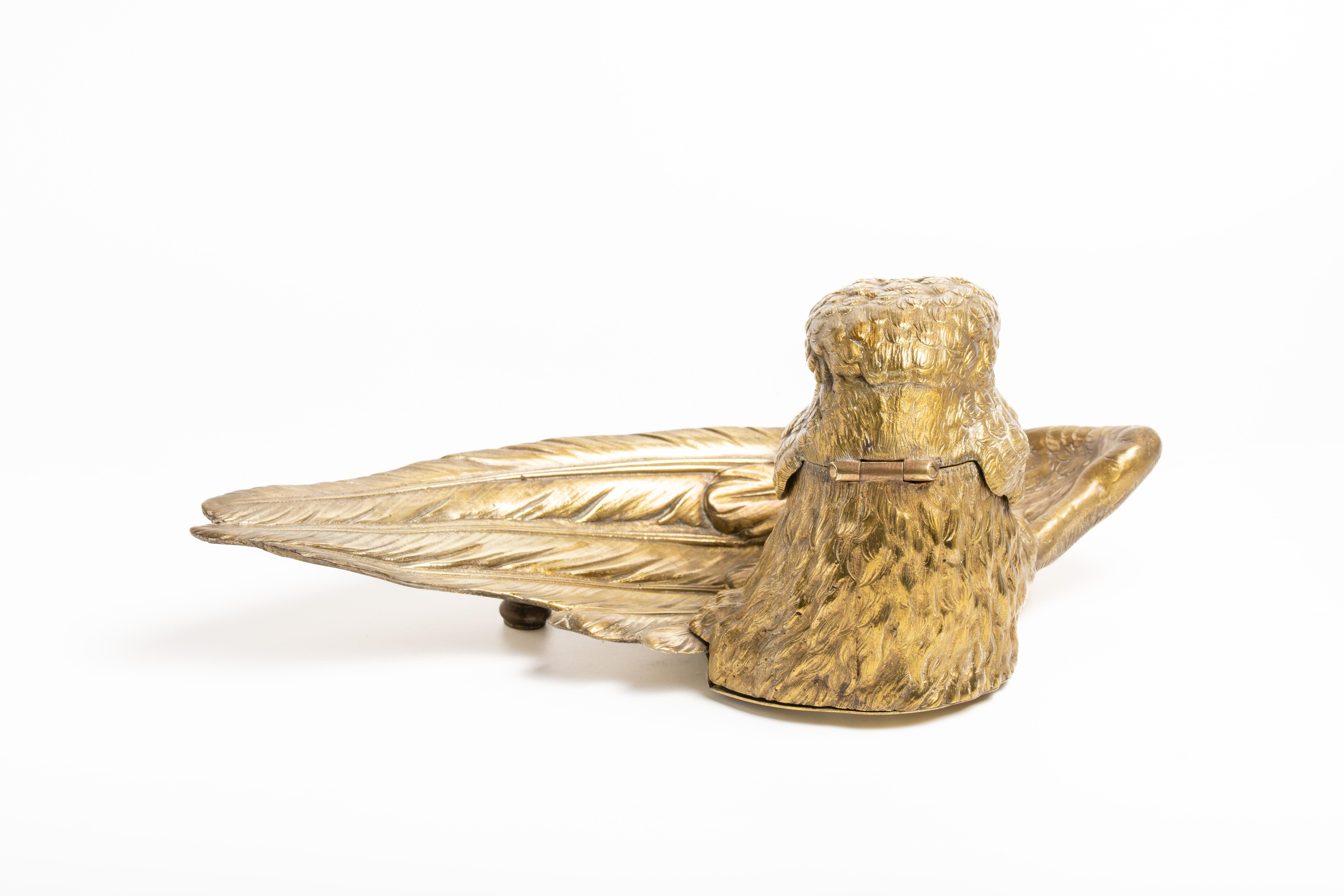 Antique Very Rare French Gilt Metal Eagle Inkwell For Sale 4