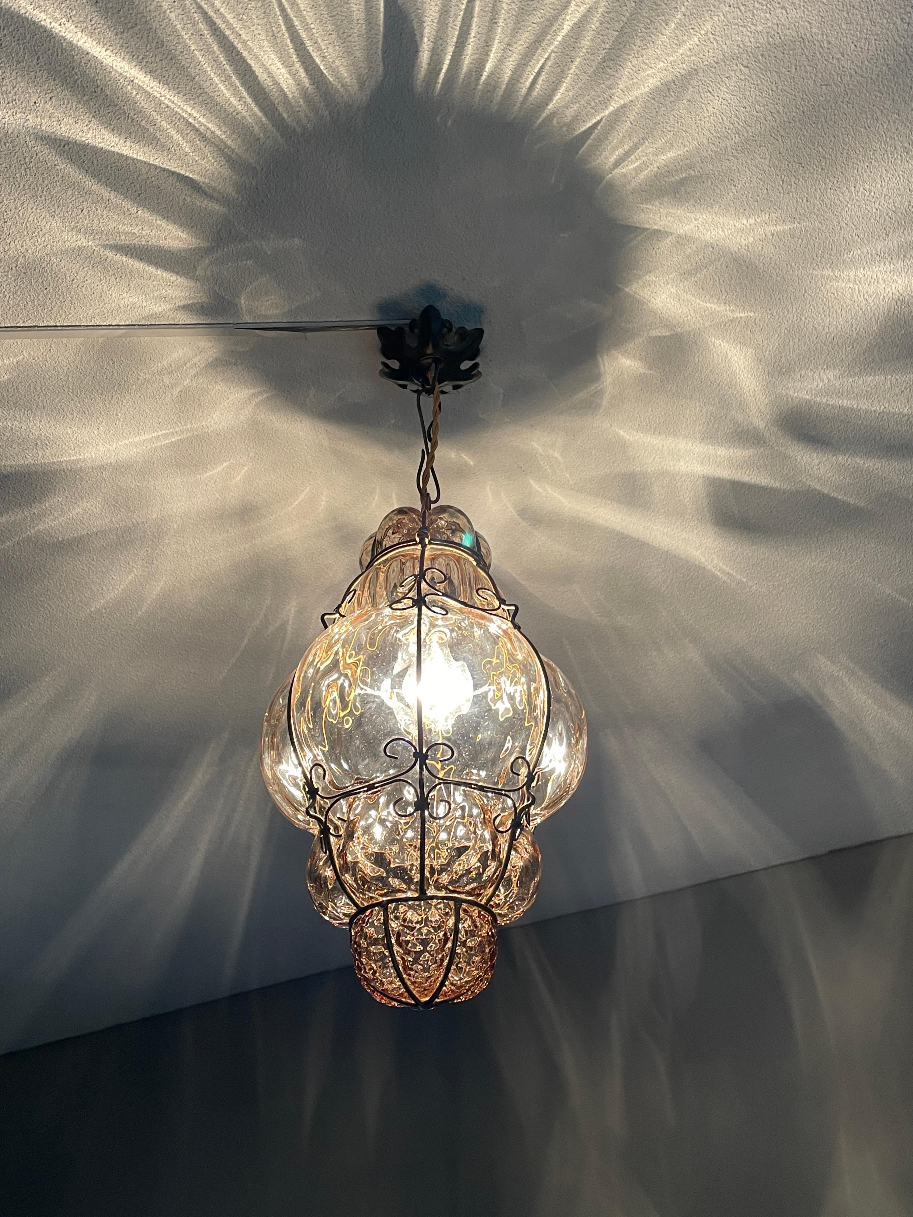 Antique & Very Rare Venetian Pendant Light Mouth Blown Glass in Gilt Brass Frame 3