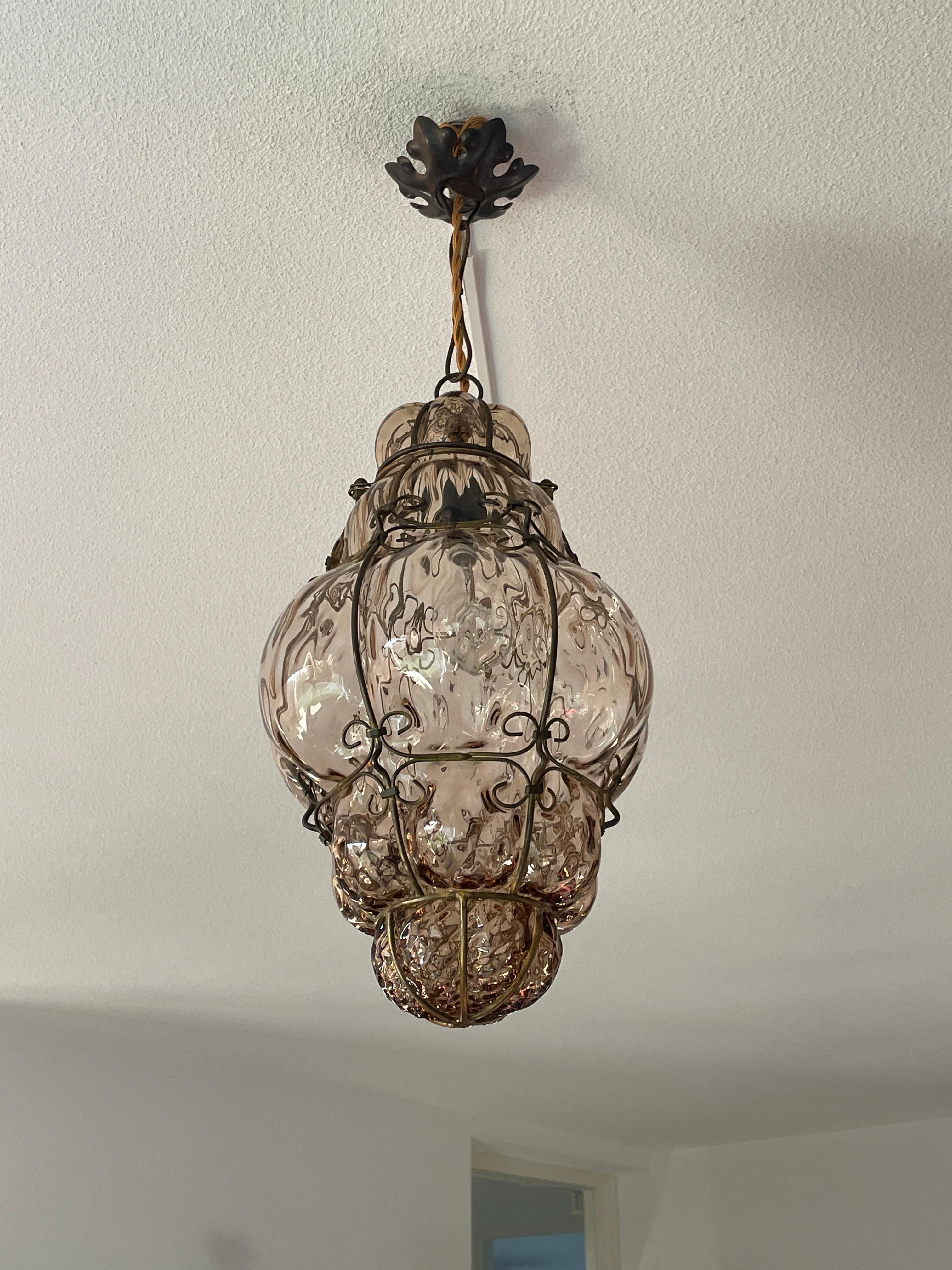 Antique & Very Rare Venetian Pendant Light Mouth Blown Glass in Gilt Brass Frame 4