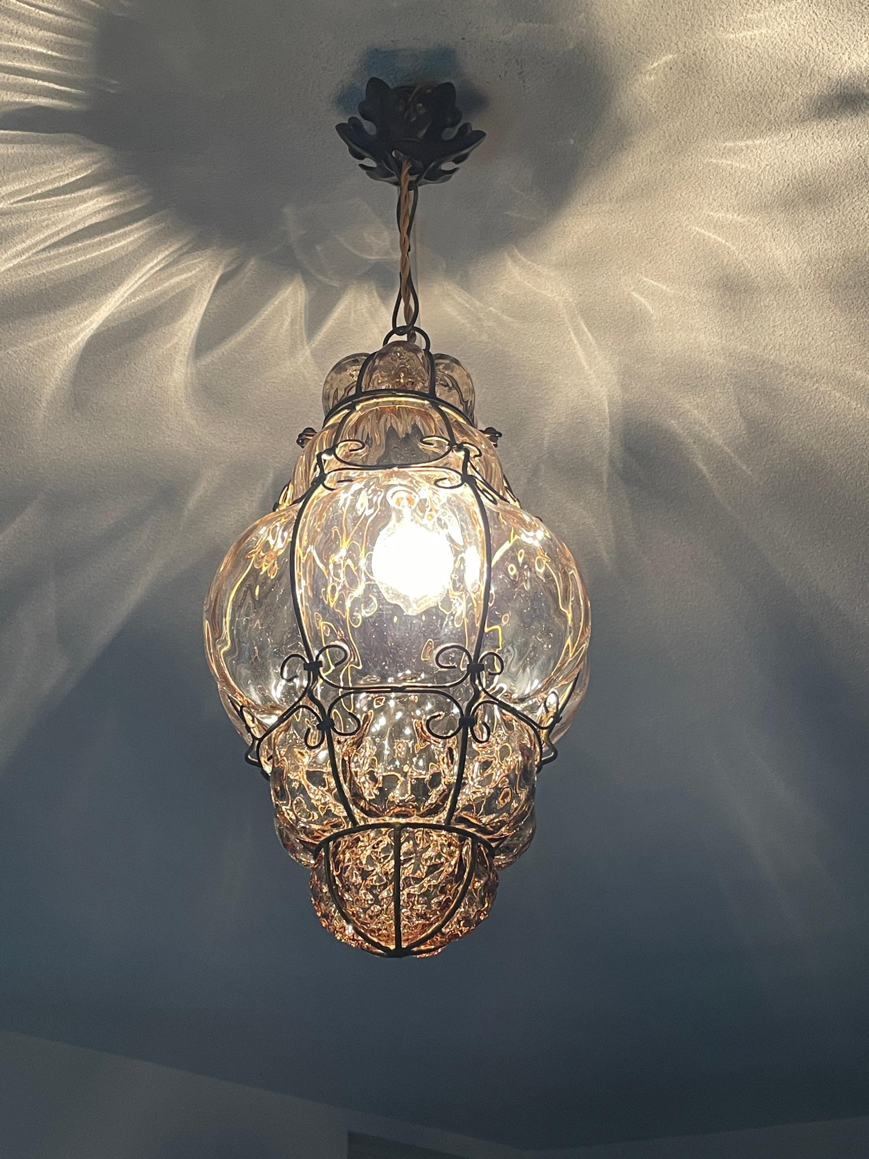 Antique & Very Rare Venetian Pendant Light Mouth Blown Glass in Gilt Brass Frame 5