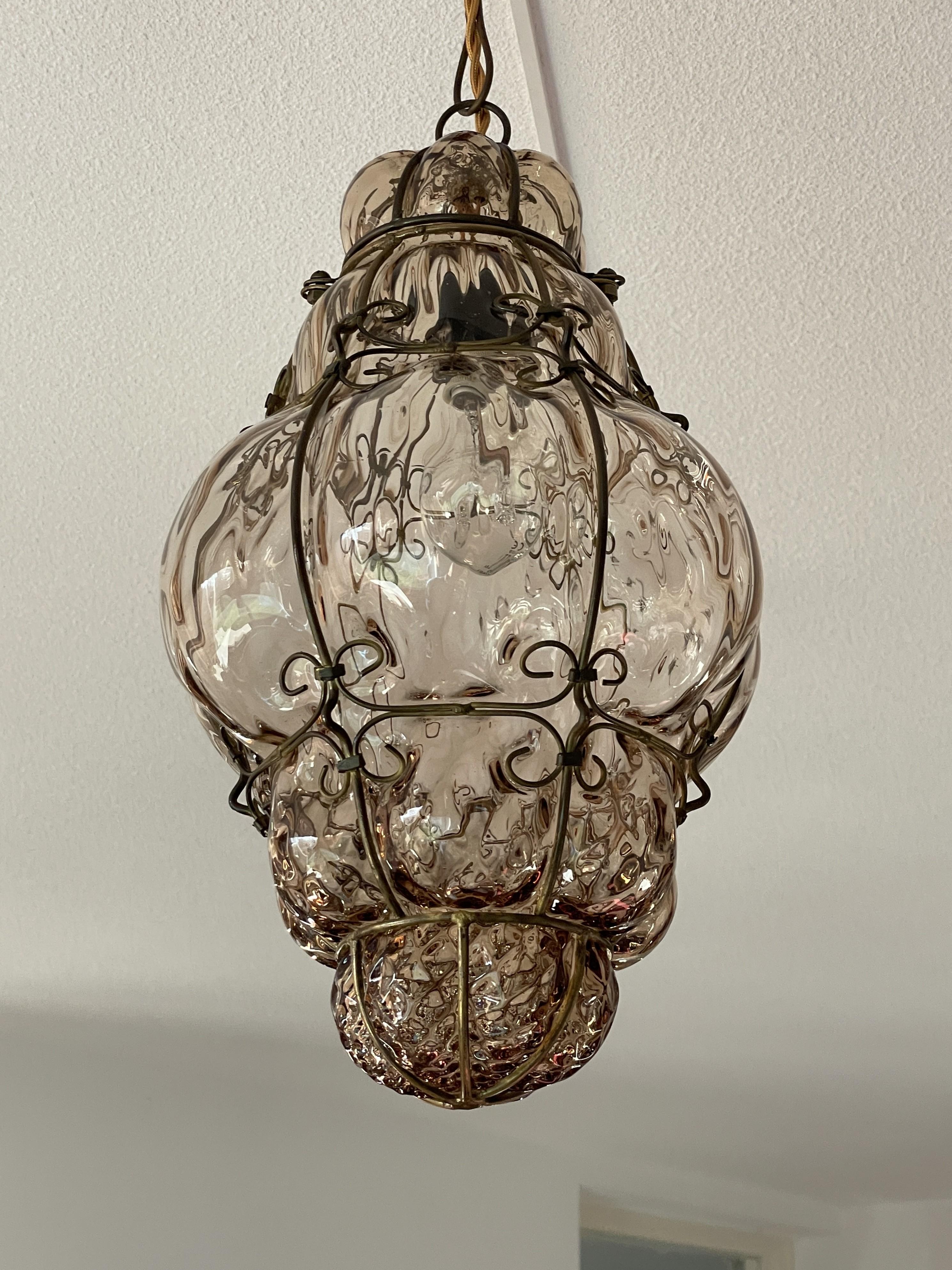 Antique & Very Rare Venetian Pendant Light Mouth Blown Glass in Gilt Brass Frame 6