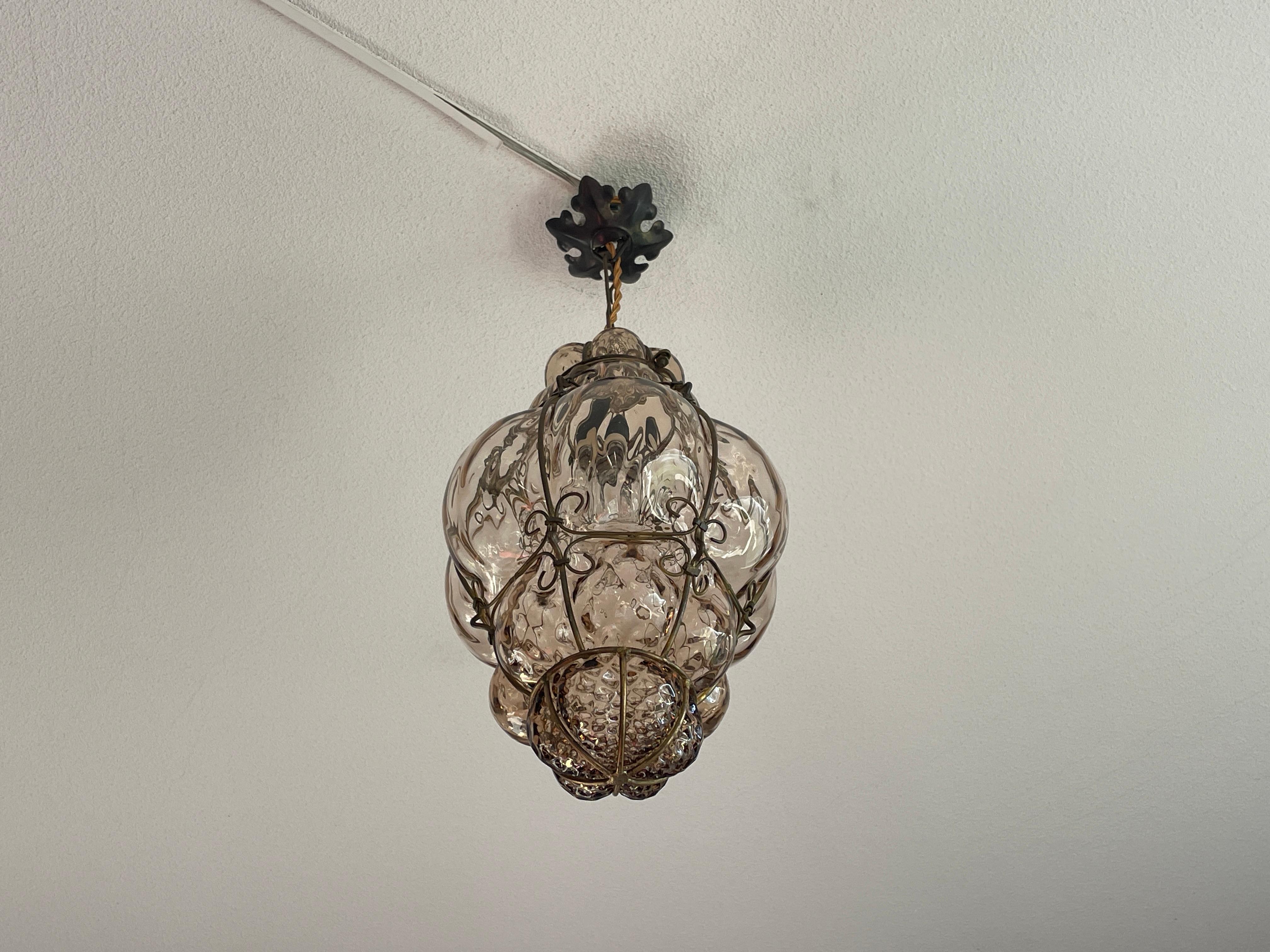 Antique & Very Rare Venetian Pendant Light Mouth Blown Glass in Gilt Brass Frame 12