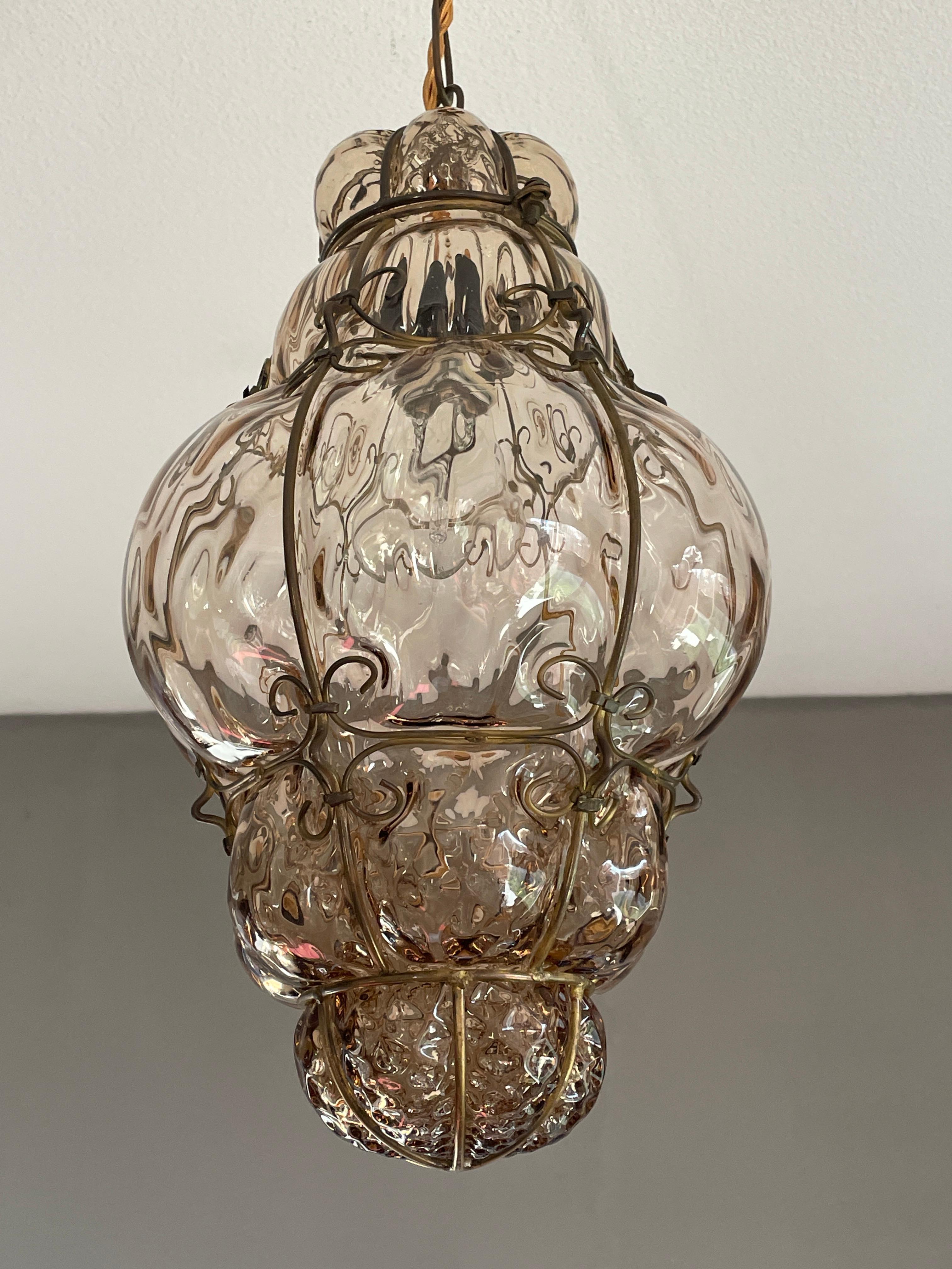 Arts and Crafts Antique & Very Rare Venetian Pendant Light Mouth Blown Glass in Gilt Brass Frame