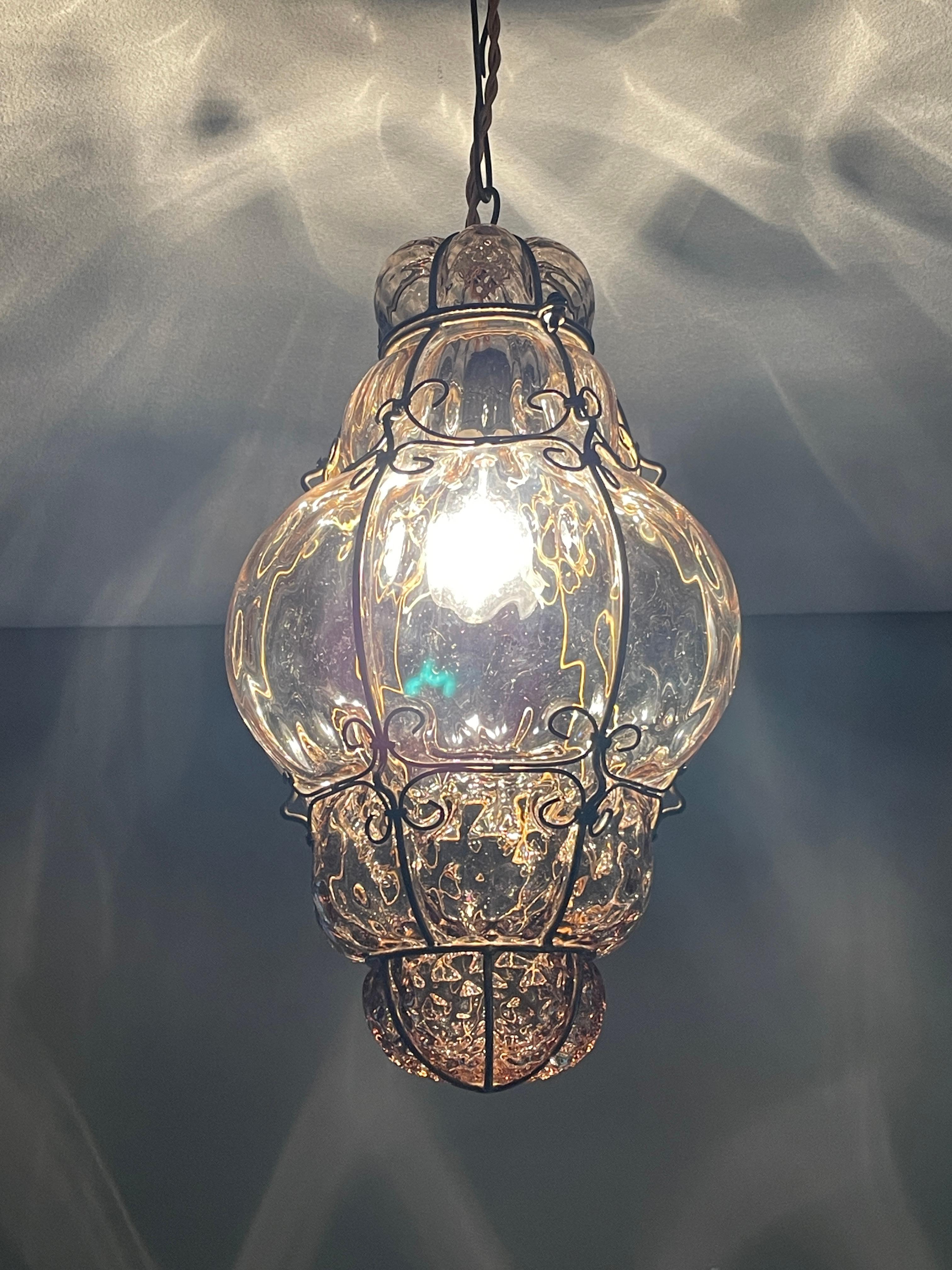 Italian Antique & Very Rare Venetian Pendant Light Mouth Blown Glass in Gilt Brass Frame