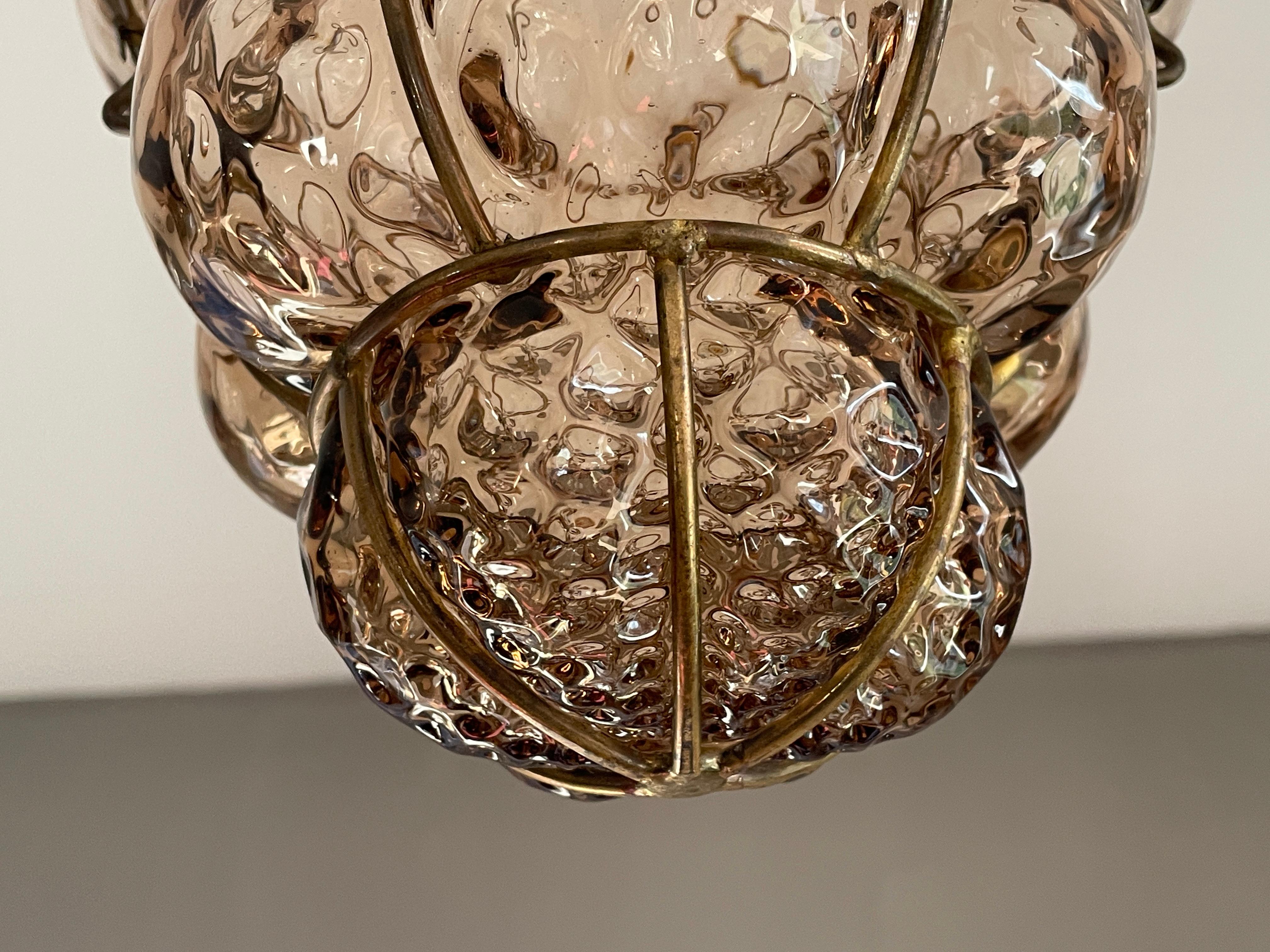 Forged Antique & Very Rare Venetian Pendant Light Mouth Blown Glass in Gilt Brass Frame