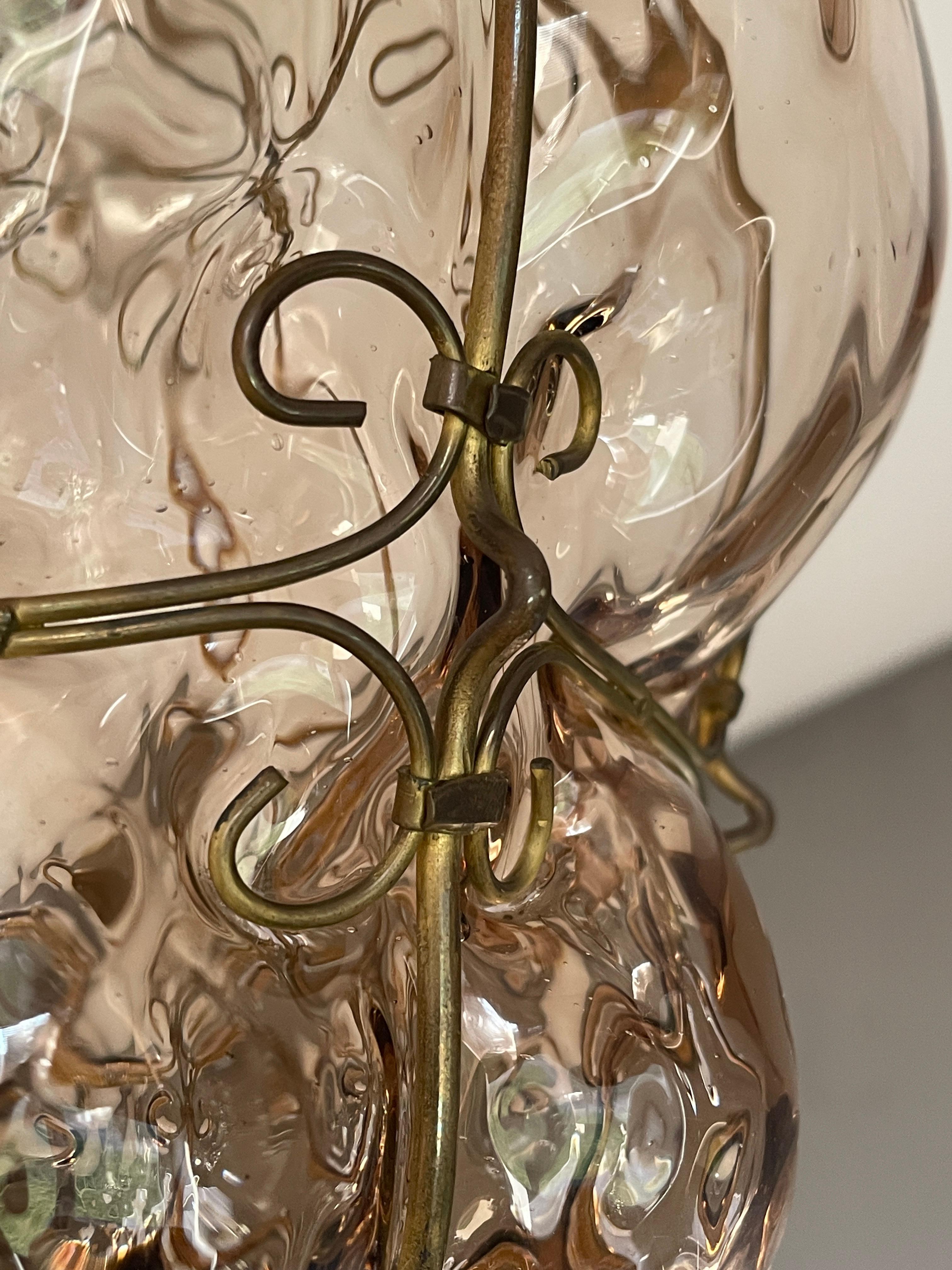 20th Century Antique & Very Rare Venetian Pendant Light Mouth Blown Glass in Gilt Brass Frame