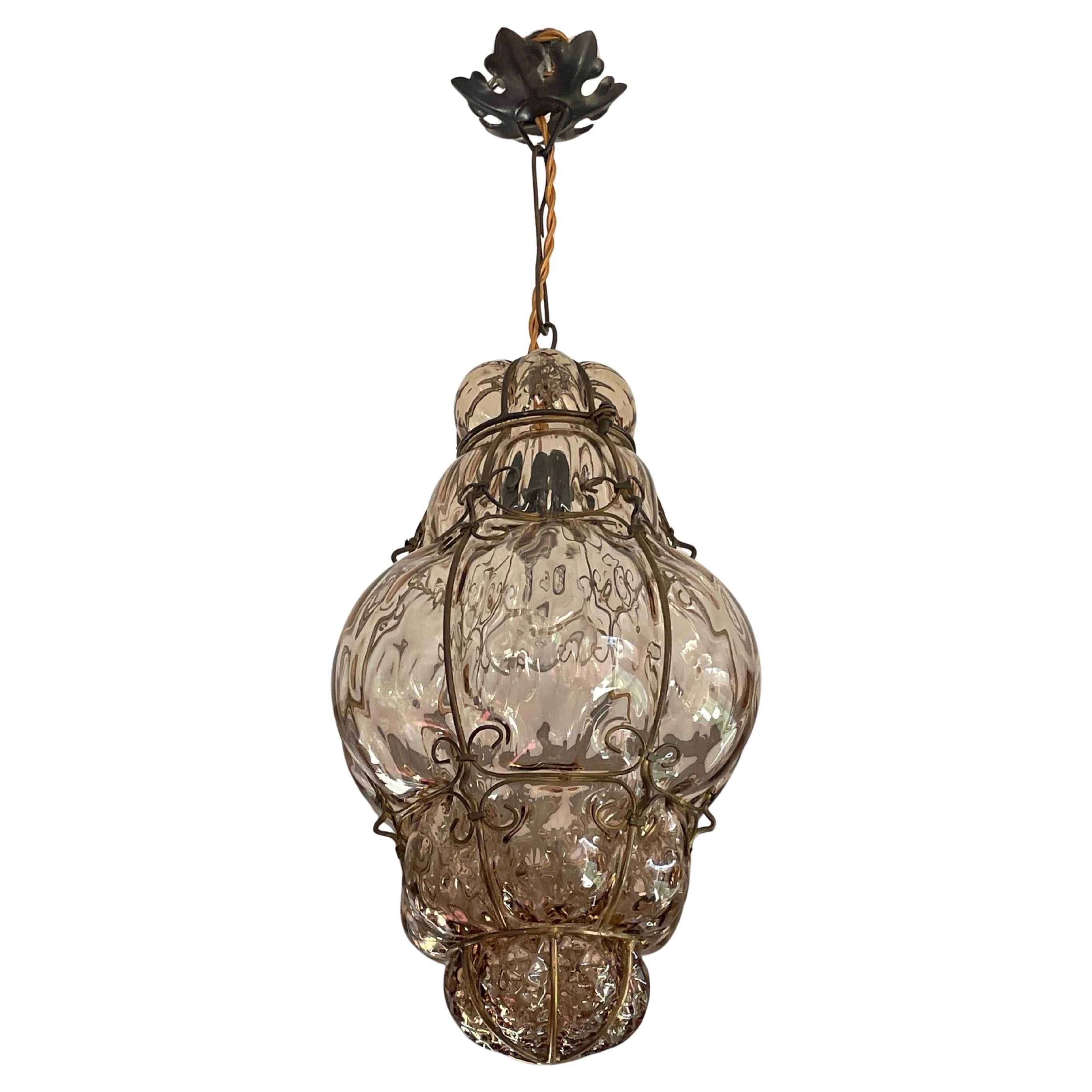 Antique & Very Rare Venetian Pendant Light Mouth Blown Glass in Gilt Brass Frame