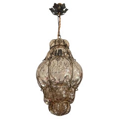 Antique & Very Rare Venetian Pendant Light Mouth Blown Glass in Gilt Brass Frame