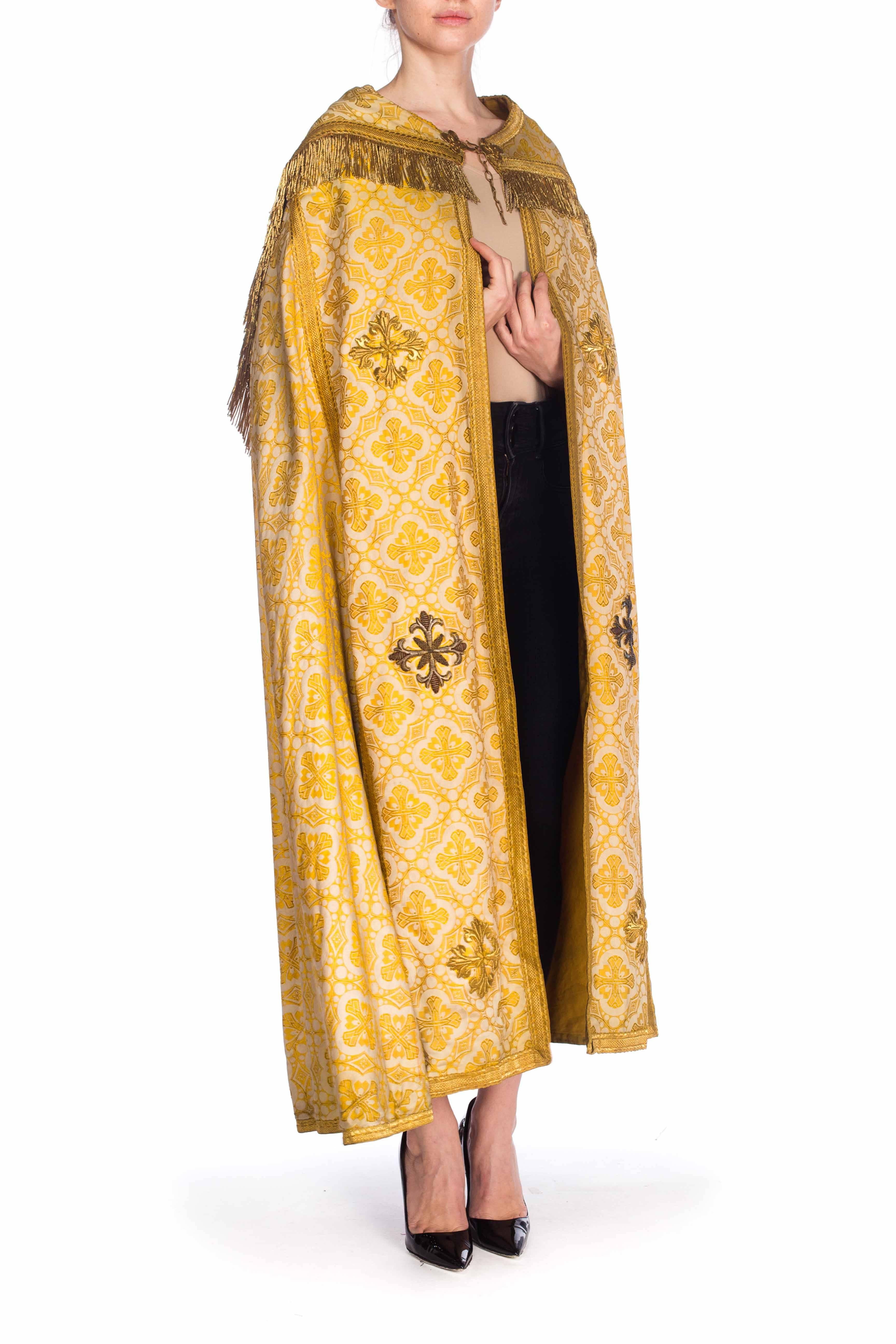 Antique Vetments Brocade Floor Length Gold Cape With Fringe & Crosses In Excellent Condition In New York, NY