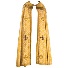 Vintage Victorian Gold Silk & Cotton Brocade Long Catholic Cape With Real Fringe Embroi