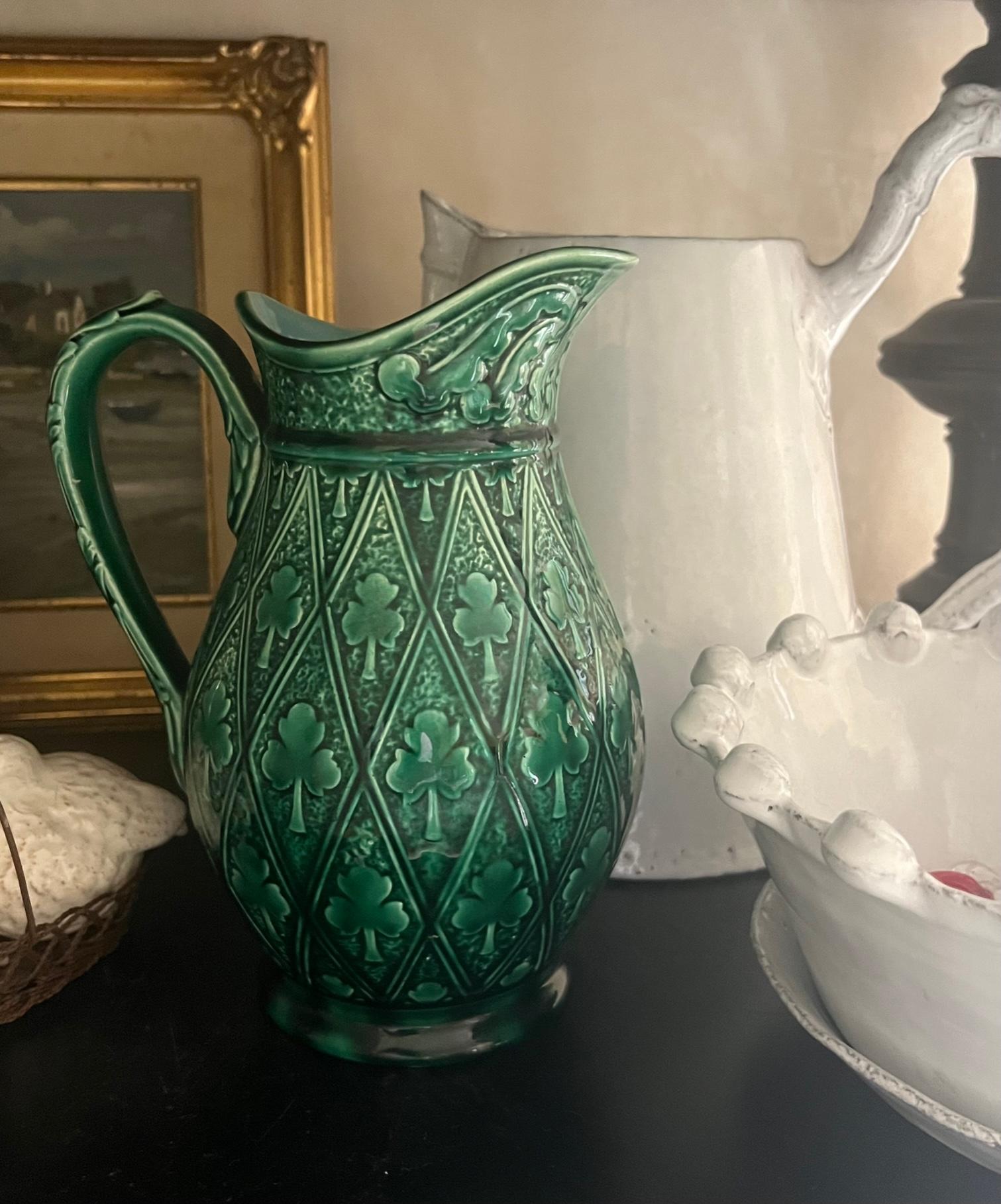 Antique Vibrant Green Majolica Clover Sarreguemines Pitcher, Circa 1880's 2